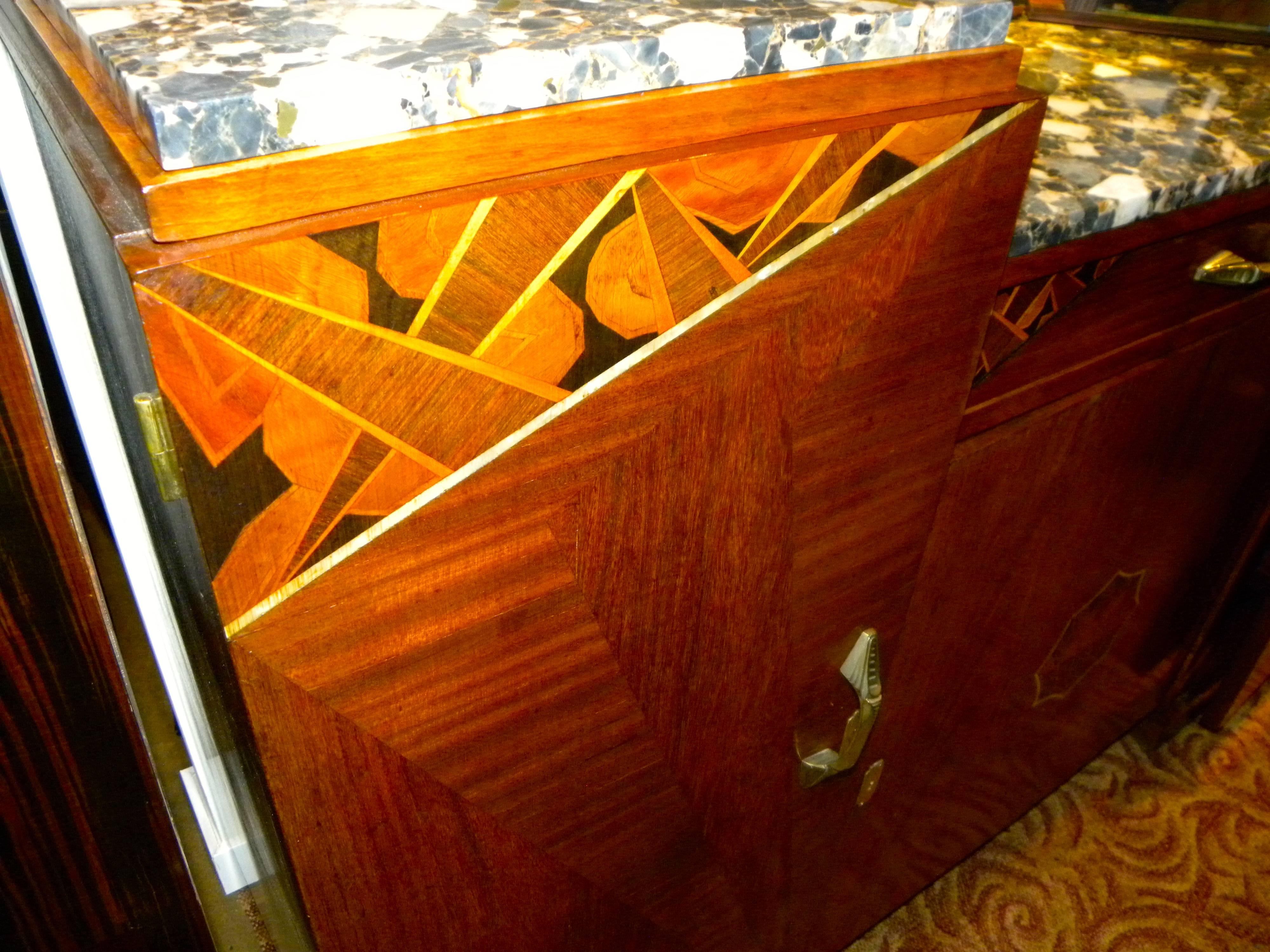 French Art Deco Buffet with Geometric Marquetry and Marble