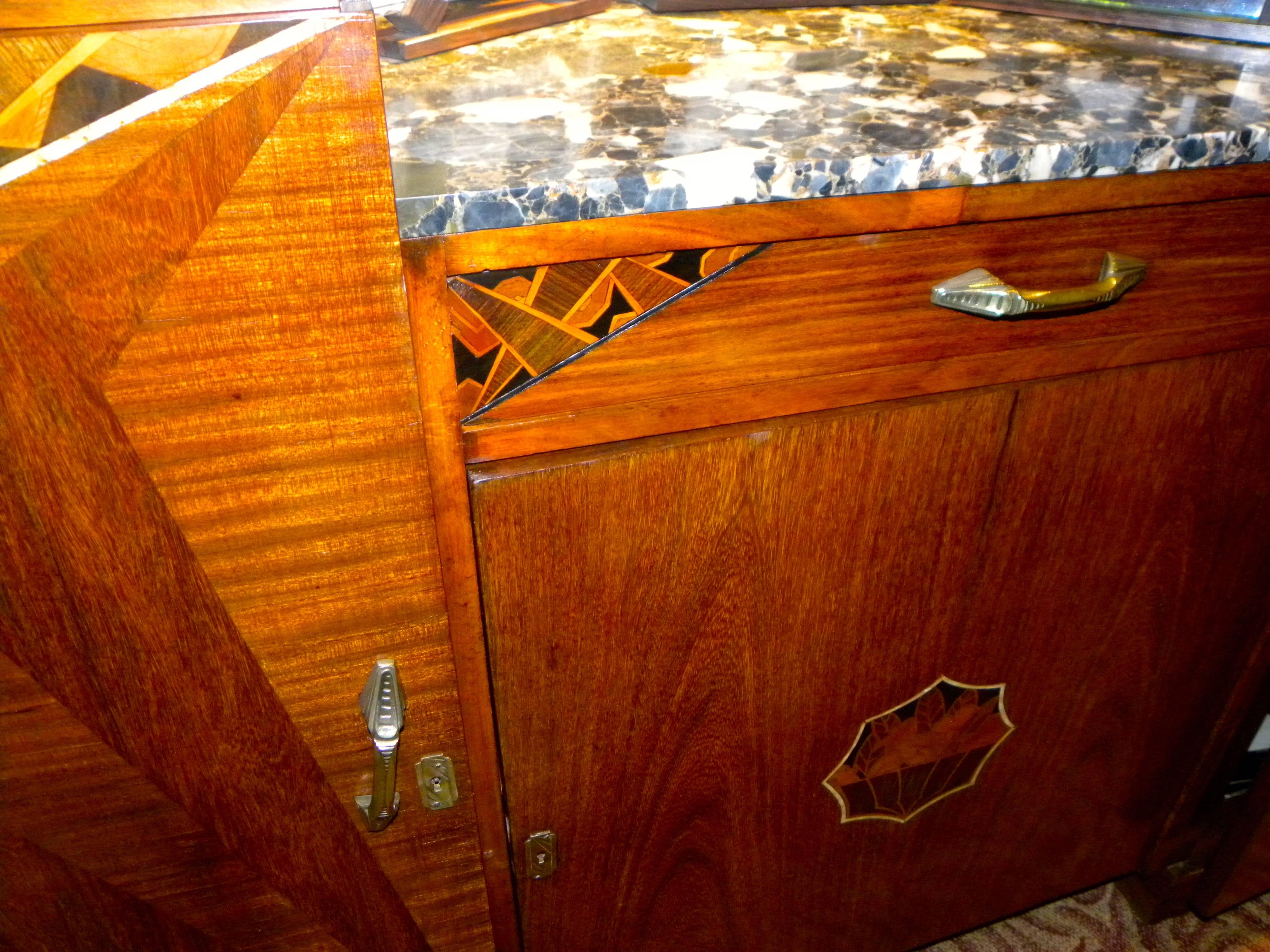 Mid-20th Century Art Deco Buffet with Geometric Marquetry and Marble