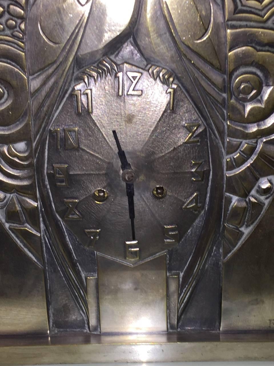 A truly magnificent and very rare R. Terras silvered bronze clock, this is by far the rarest model he has designed and it is stunning. It’s a great size for this type of clock and is in superb all round original condition with and original patina
