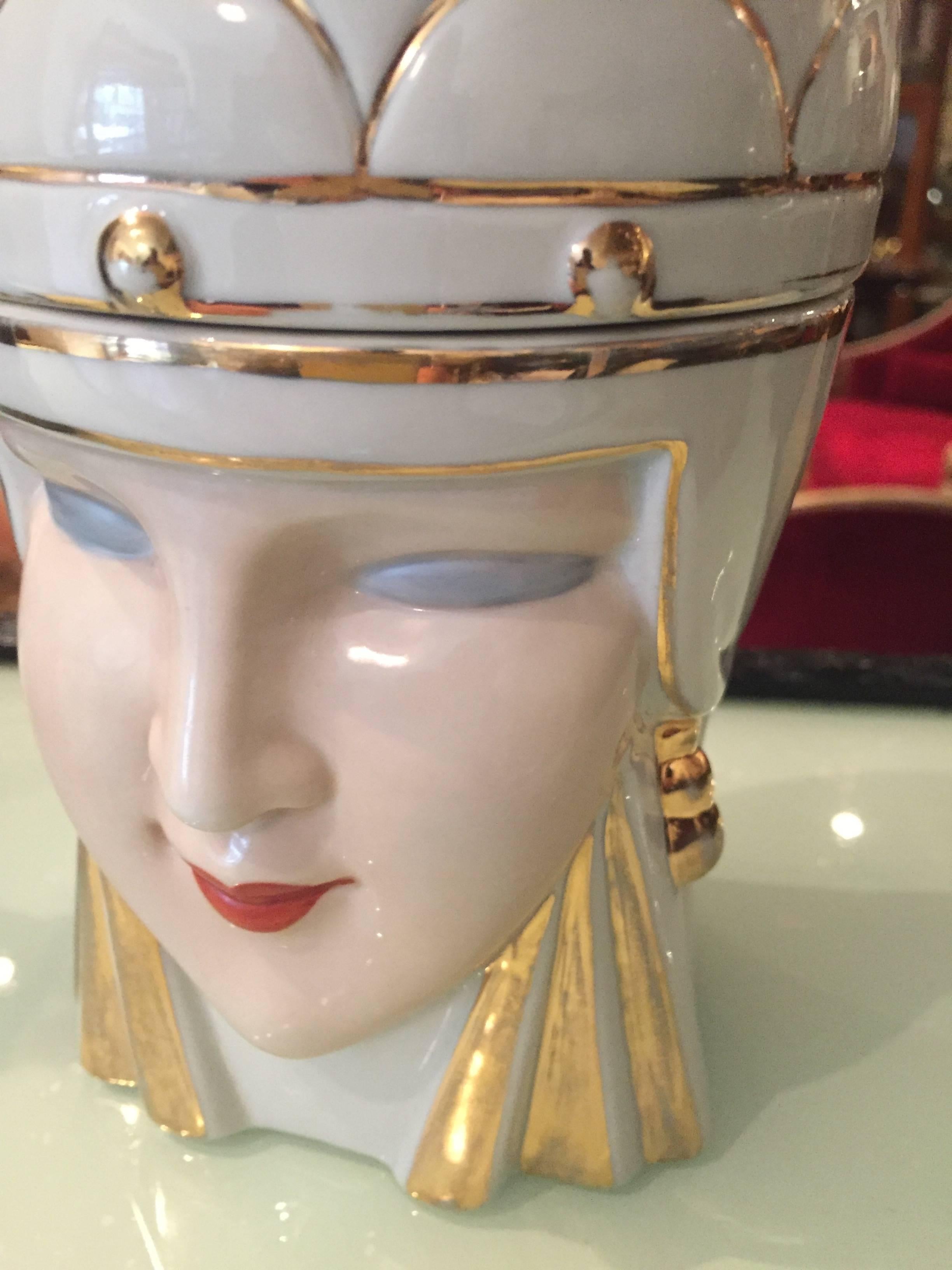 Original immaculate condition ROBJ decorative ceramics bon bon ceramic from the period of 1925-1930. Woman with crown and gold lines, important Egyptian influence in her head dress and treatment. This figure is beautifully rendered with two parts,