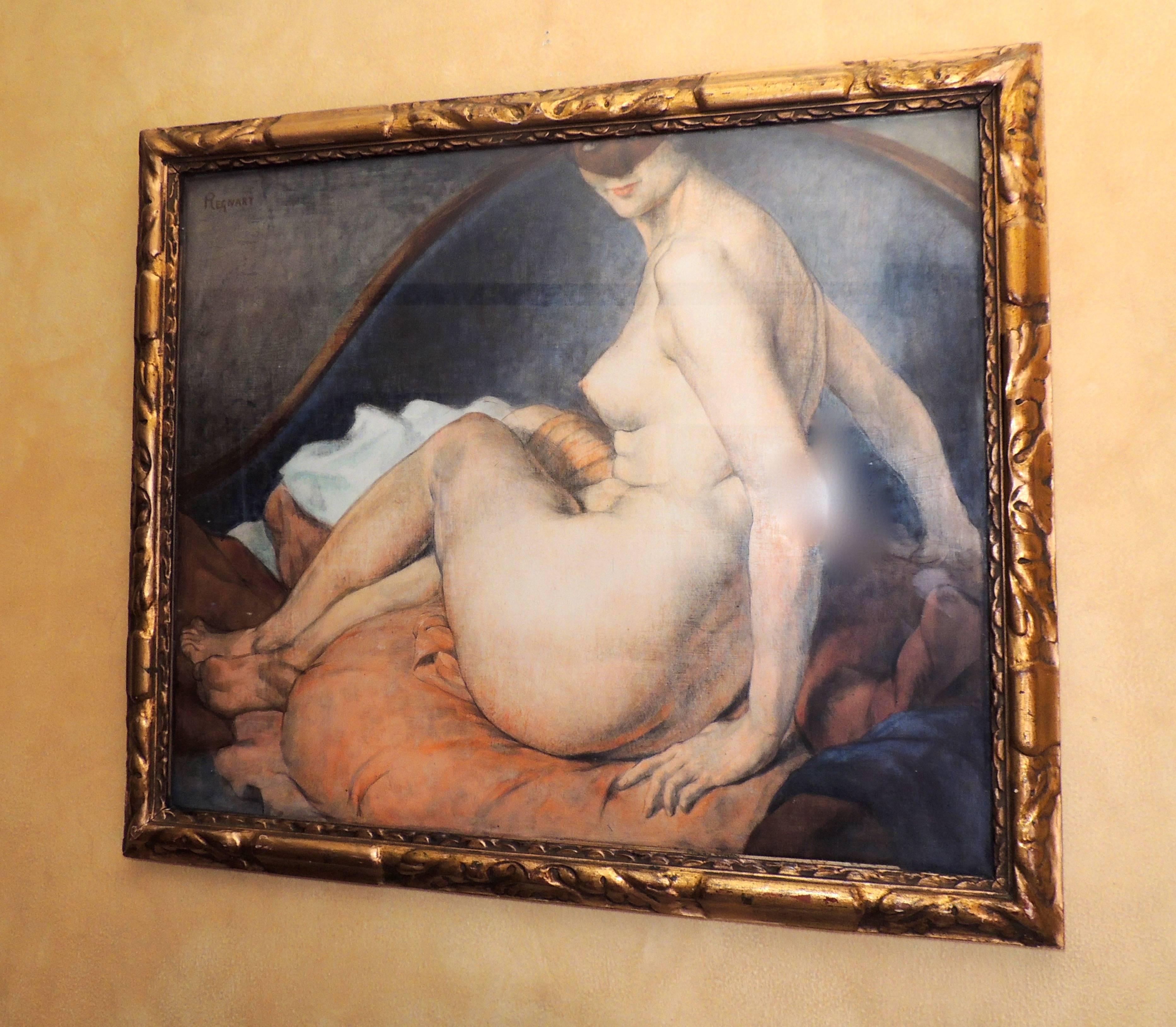 Belgian Art Deco Masked Nude Painting by Victor Regnart