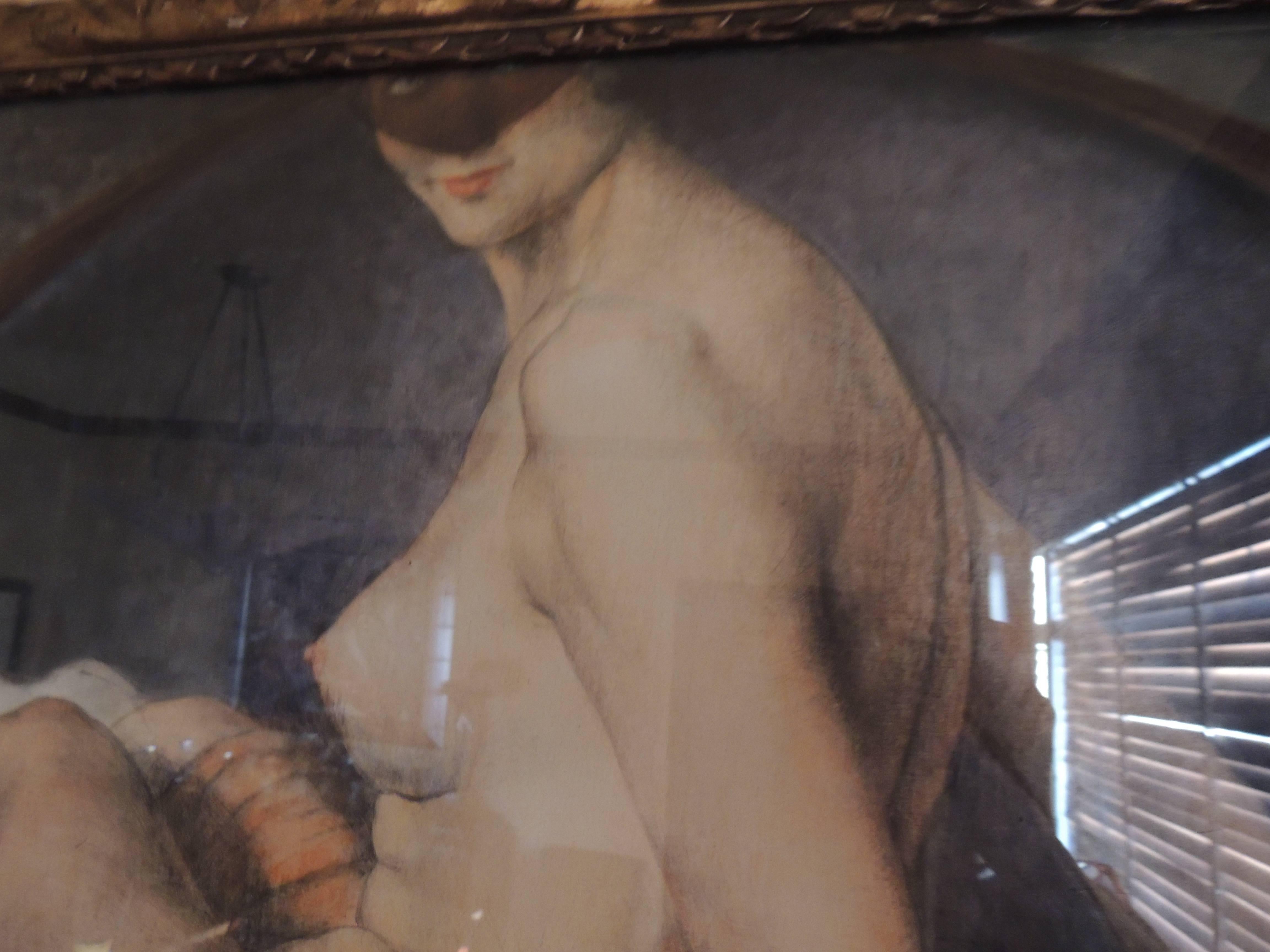 Art Deco Masked Nude Painting by Victor Regnart In Excellent Condition In Oakland, CA