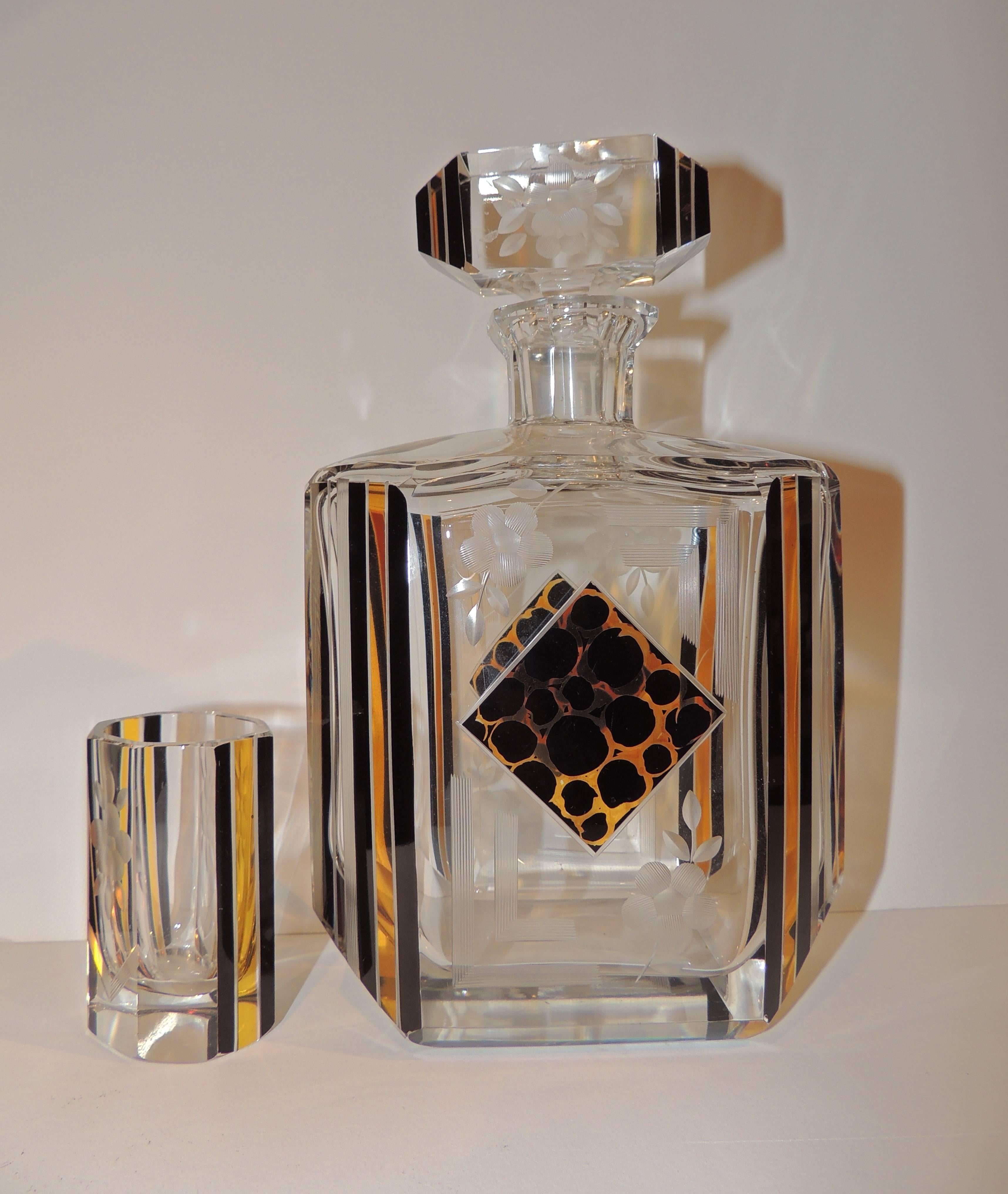 Art Deco Decanter Etched and Leopard Patterned 1