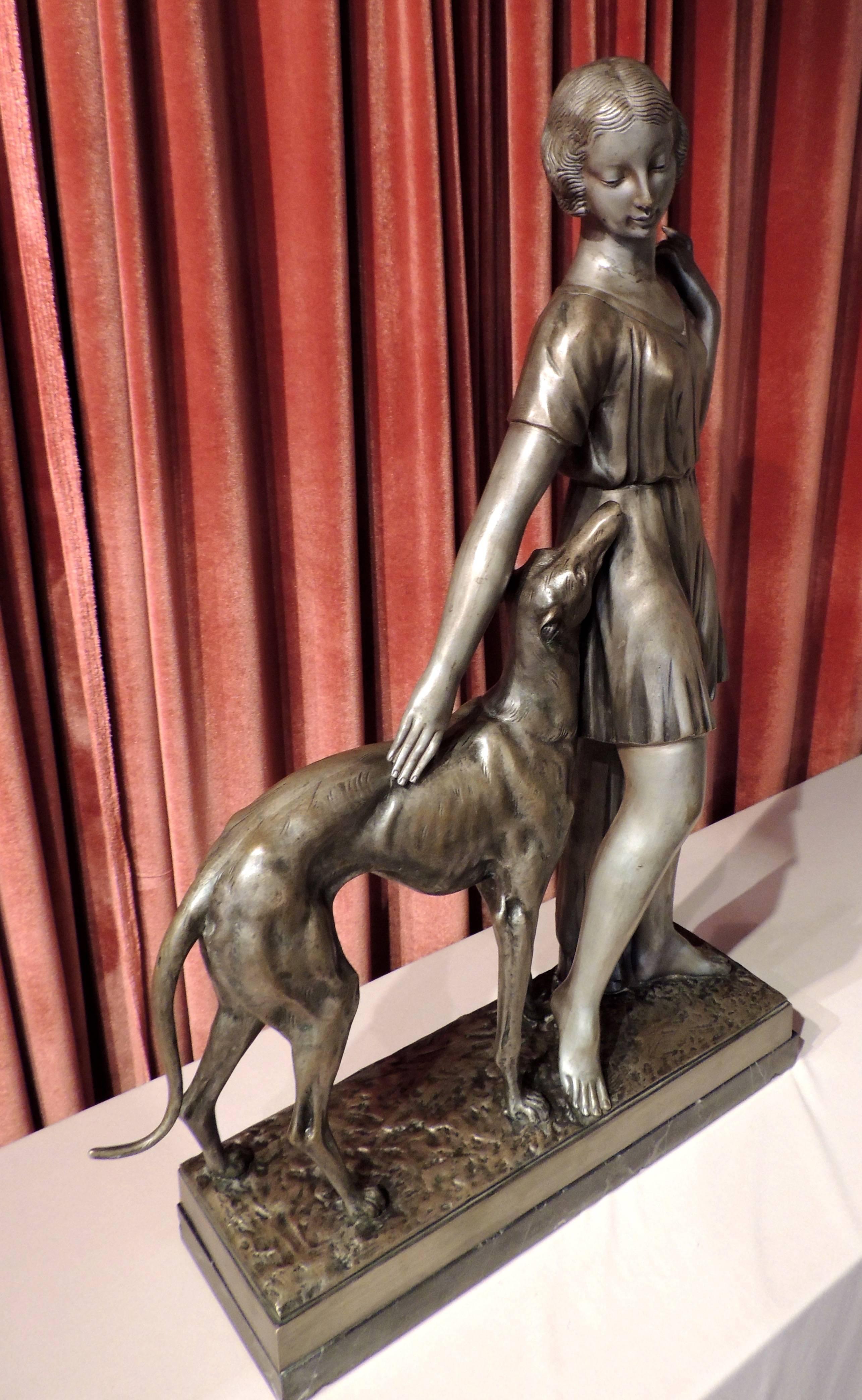Grand Art Deco Bronze Sculpture of a Woman and Greyhound by I. Gallo 2