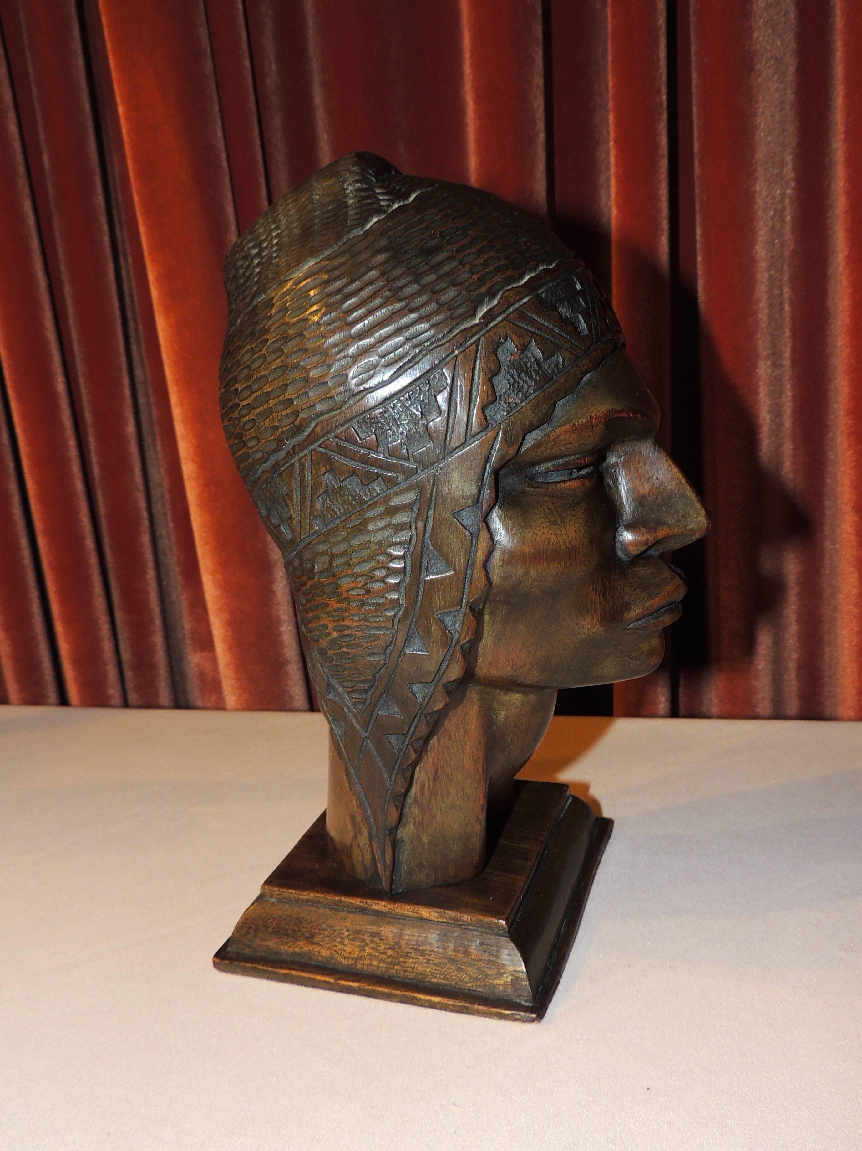 Xotic Indian Art Deco Sculpted Head in Wood by Silva 1