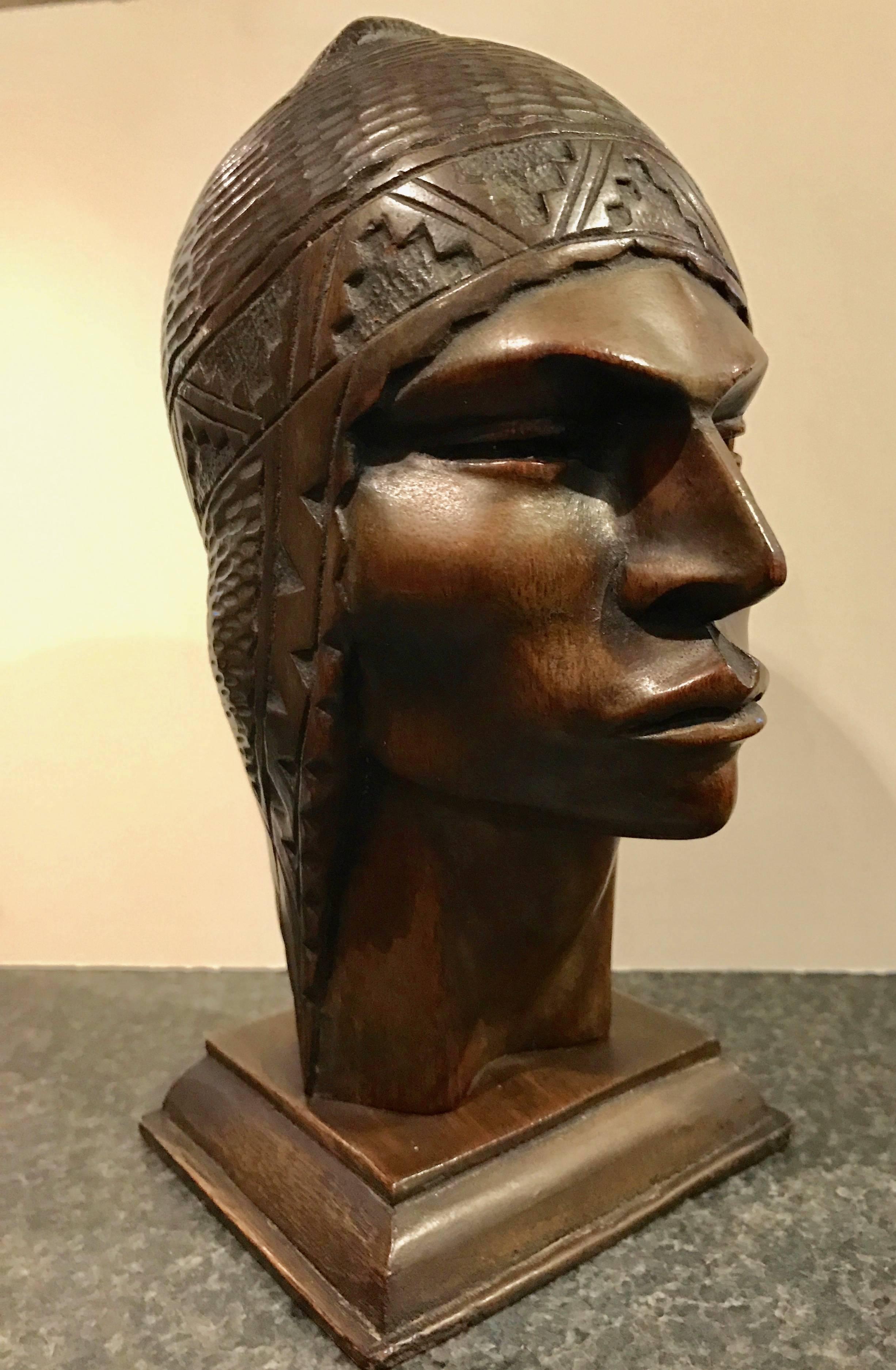 Peruvian Xotic Indian Art Deco Sculpted Head in Wood by Silva