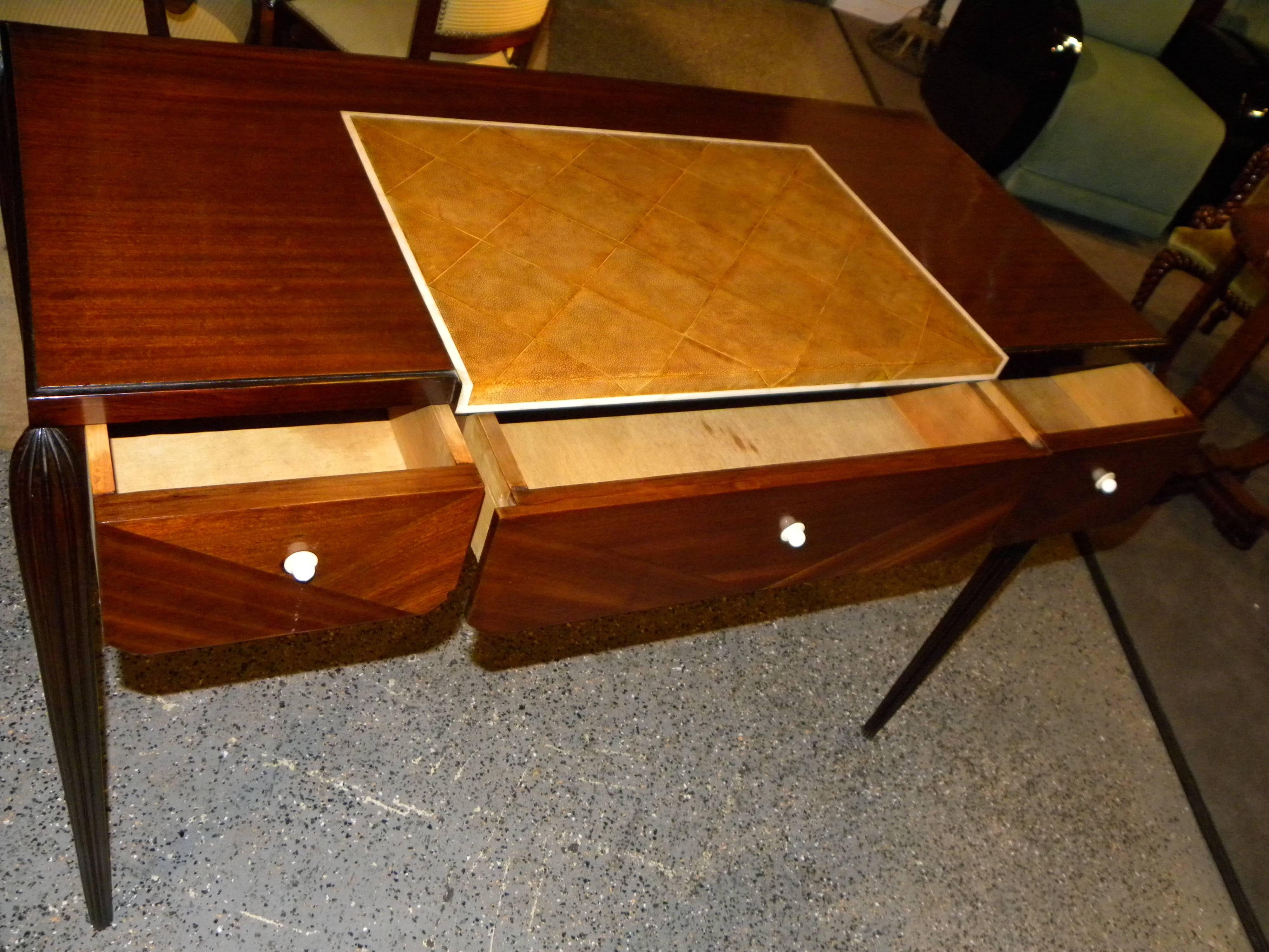 French Petite Art Deco Desk, Vanity Ruhlmann Style Mahogany, Shagreen and Bone Inlay