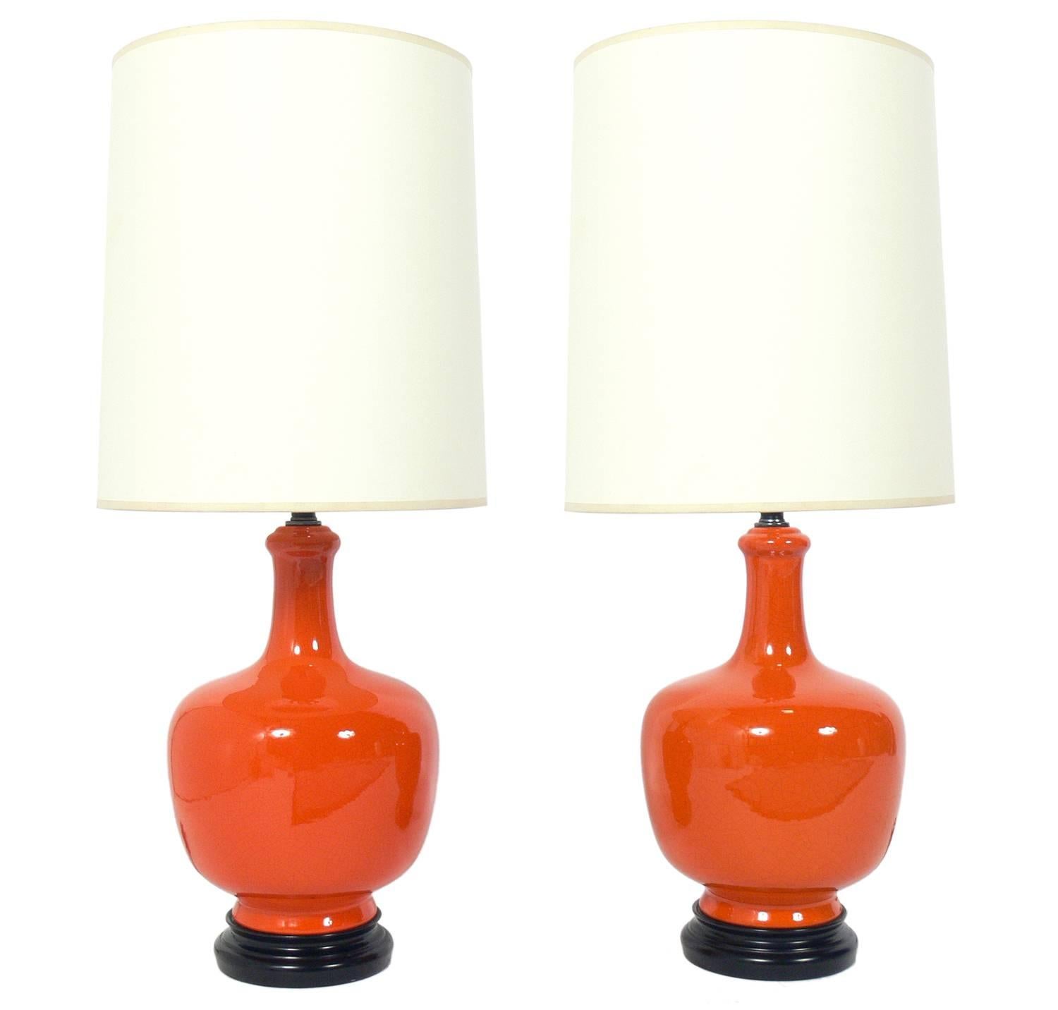 Pair of Vibrant Orange Ceramic Lamps