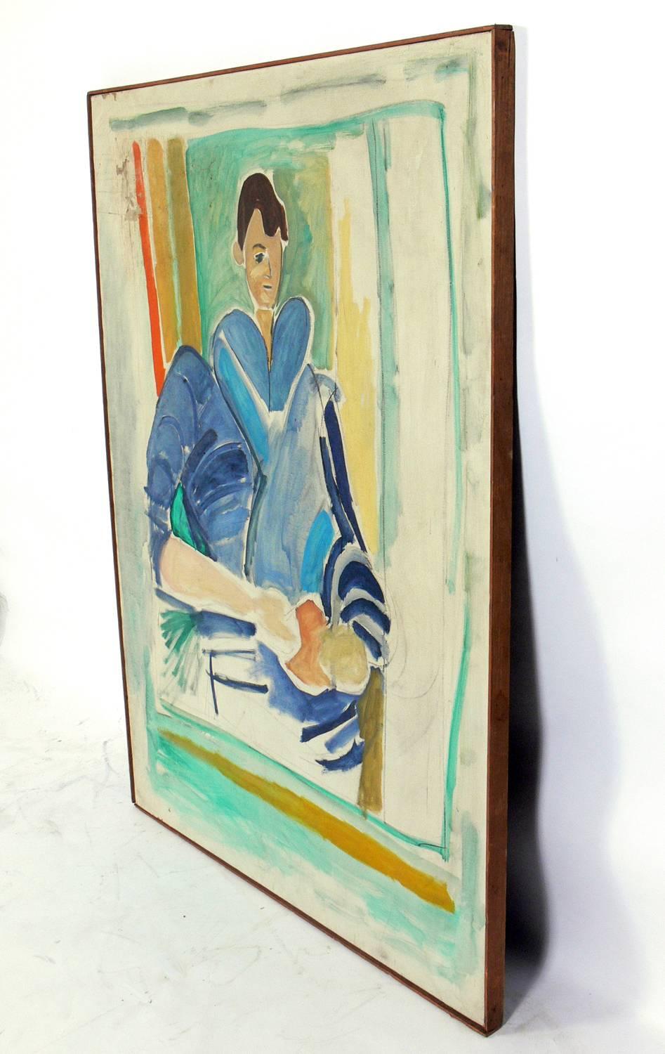 Large-scale modernist portrait painting in the manner of Francis Bacon, probably American, circa 1960s. Artist unknown, not signed or marked in any way. Painting has overall craquelure from age and an area of wear to painting finish at upper left.