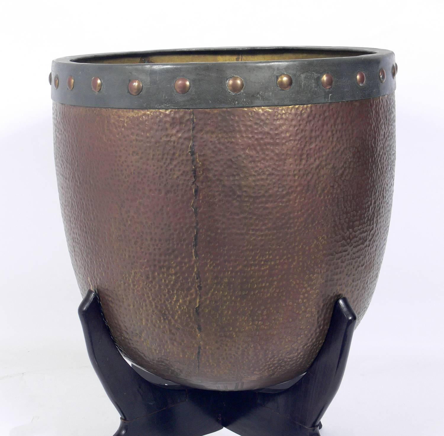 Mid-Century Modern Large-Scale Asian Brass and Copper Urn Planter on Stand