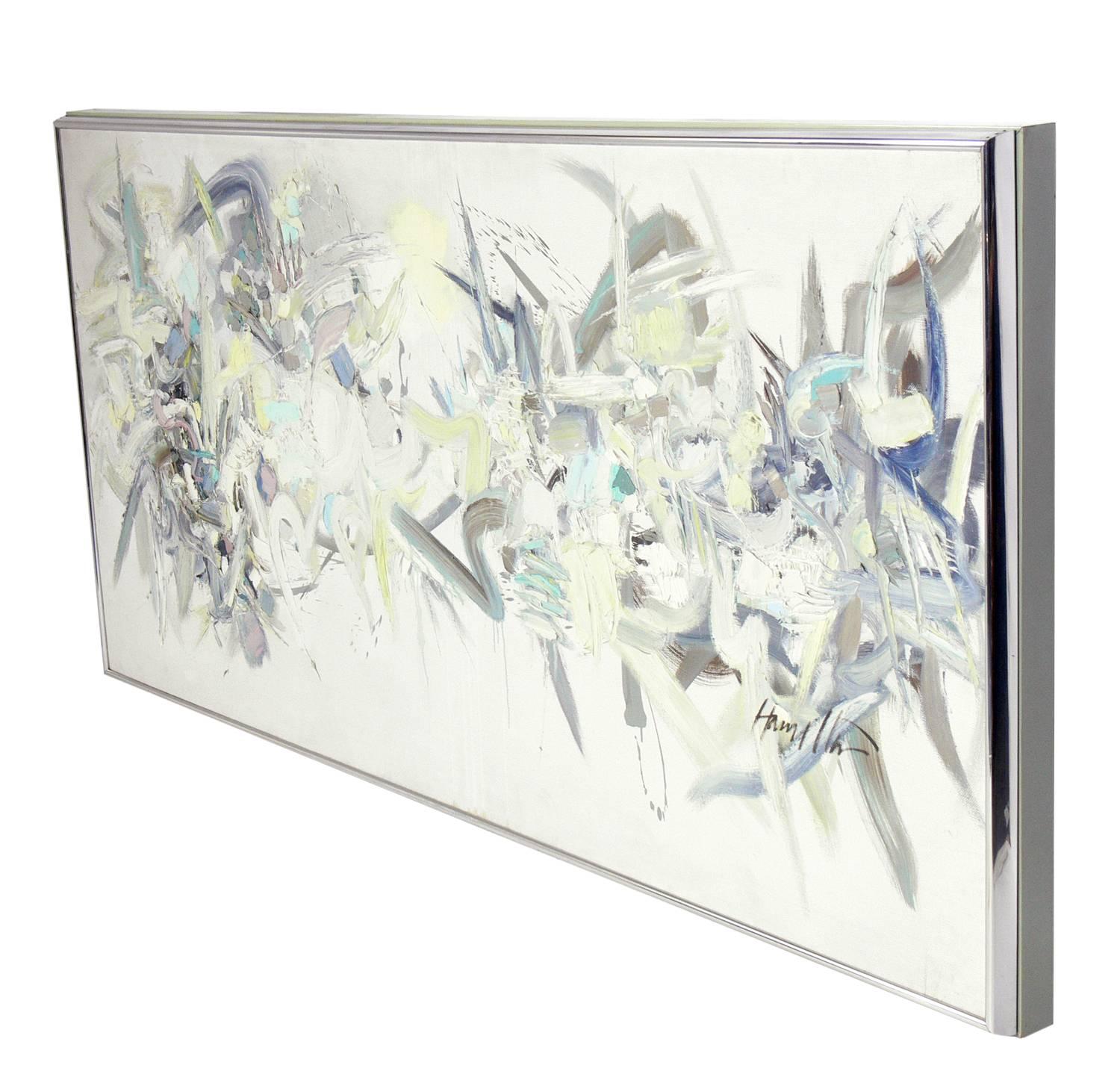 Large-scale abstract modernist painting by Hamilton, American, circa 1960s. It measures an impressive 6.5' width x 3' height approx. This painting is executed primarily in light greens, light yellows, blues, whites, and gray colors. It retains it's