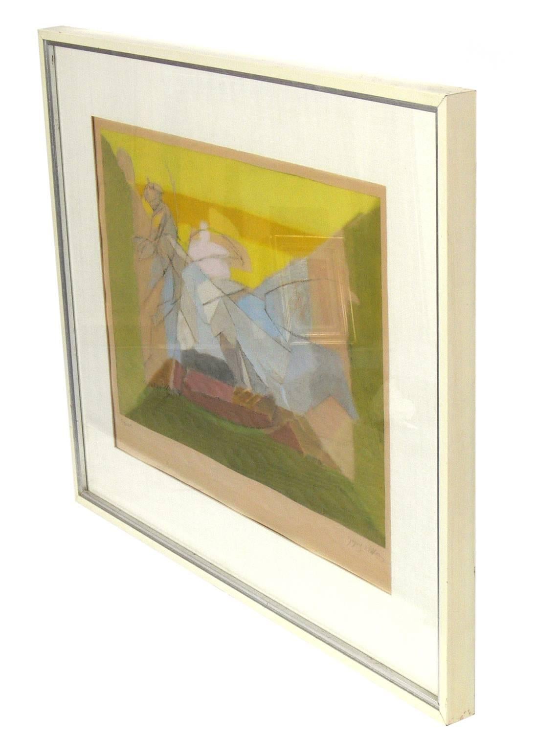 Vibrant abstract color lithograph by Jacques Villon, French, circa 1930s. Villon is perhaps most famous because he is the brother of Marcel Duchamp, however he gained fame and notriety in his own right. Pencil signed at lower right.