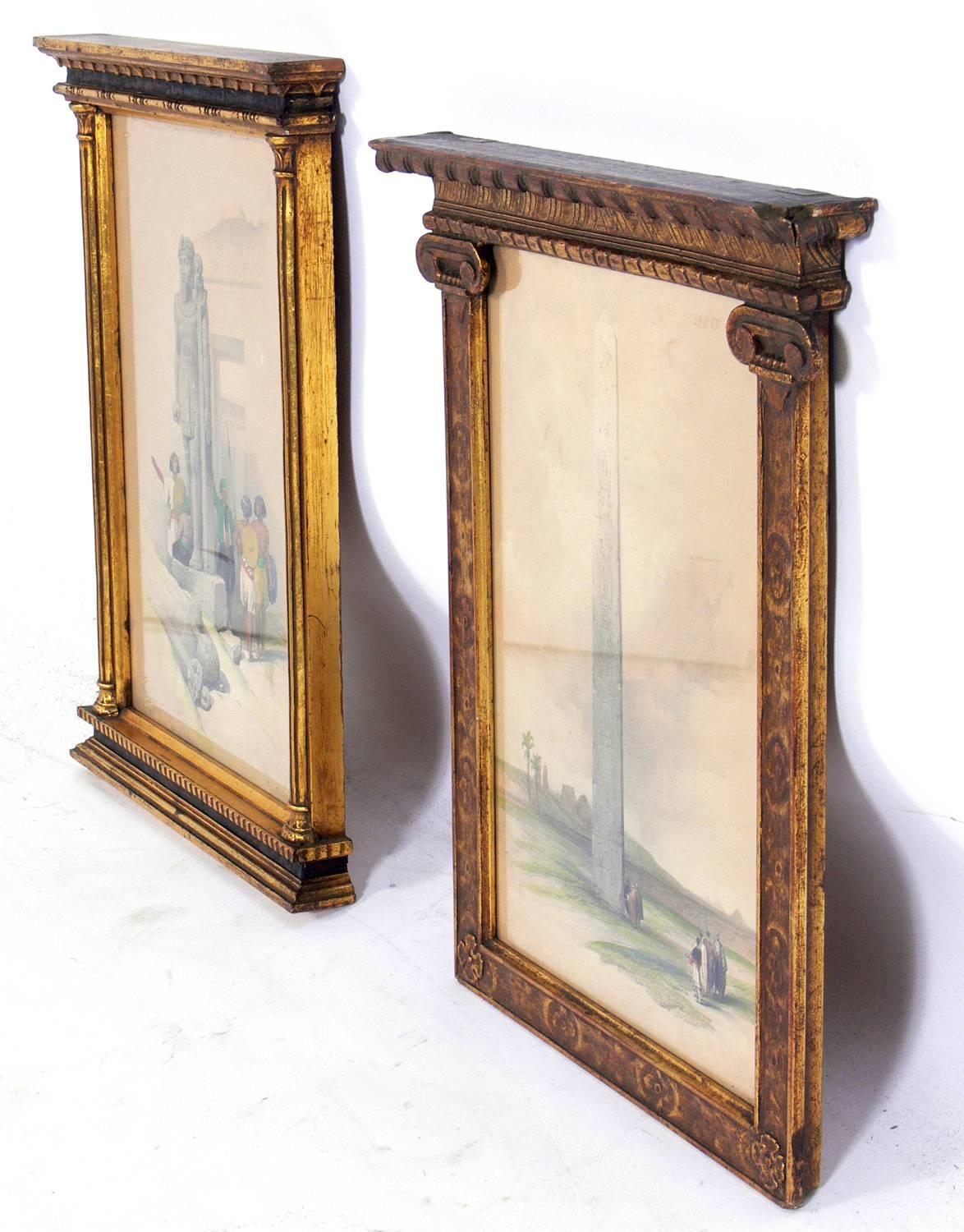 Egypt series lithographs, from the paintings by David Roberts and printed and hand colored by Louis Haghe and Company, England, circa 1840s. They retain their original period gilt neoclassical frames. From left to right, they are:
1) The lithograph