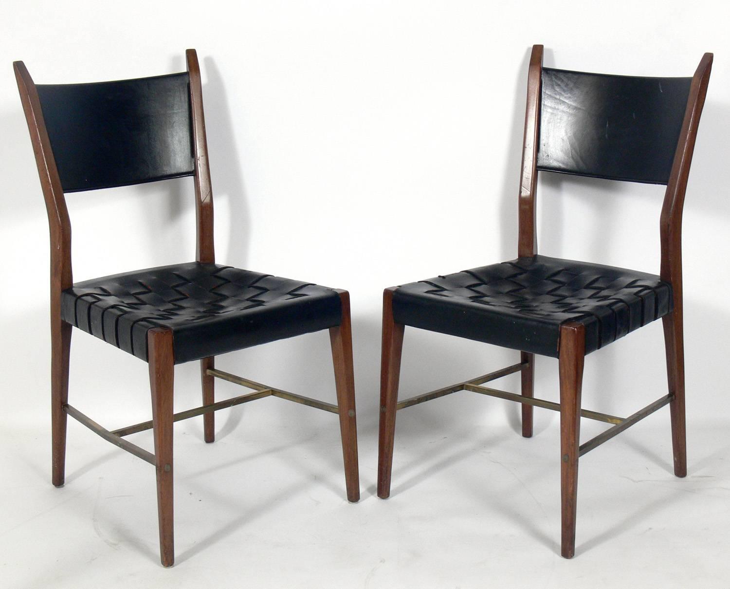 American Set of Four Black Leather Walnut and Brass Dining Chairs by Paul McCobb