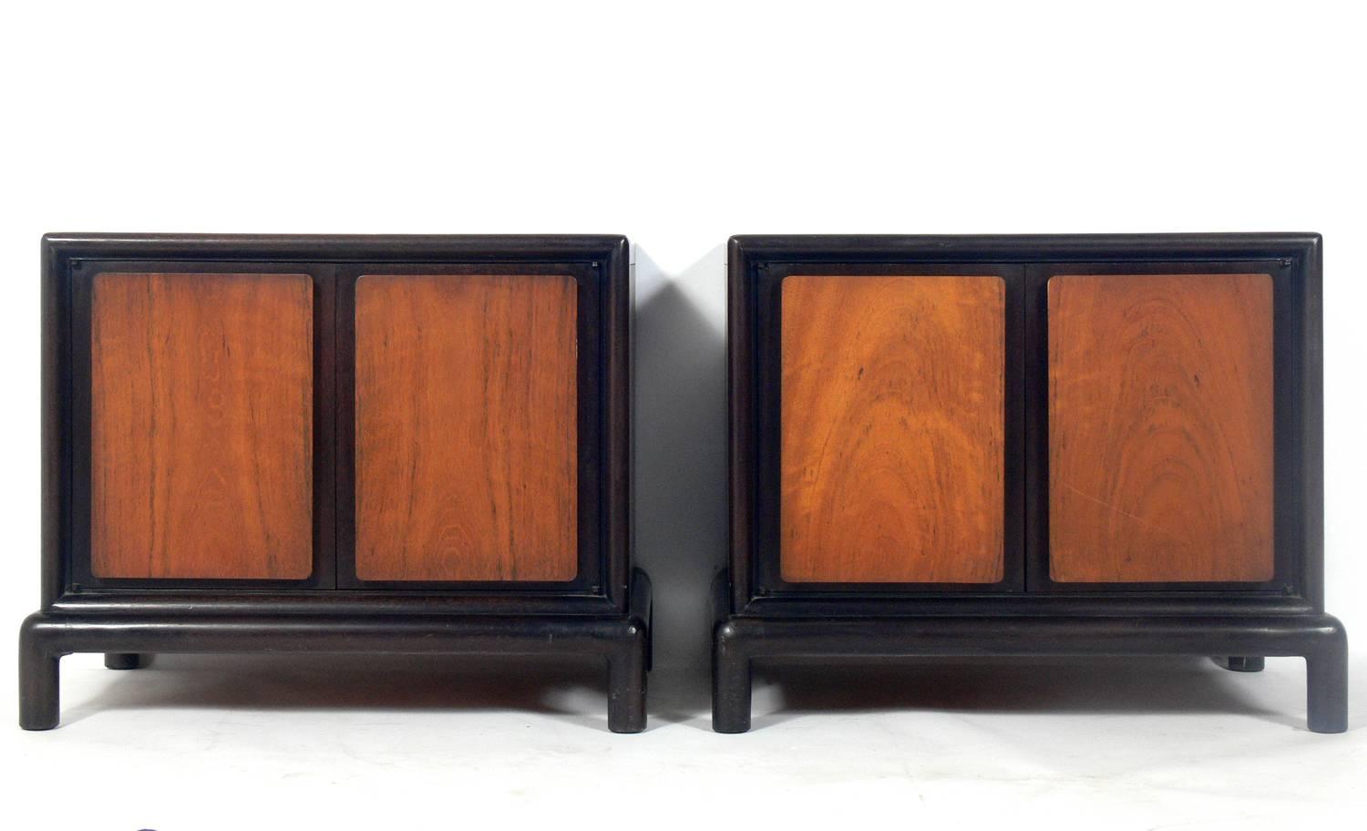 Pair of Nightstands in the manner of T.H. Robsjohn Gibbings, American, circa 1960s. These night stands are currently being refinished and can be completed in your choice of color. They could be two tone as they currently are, or one solid color. The