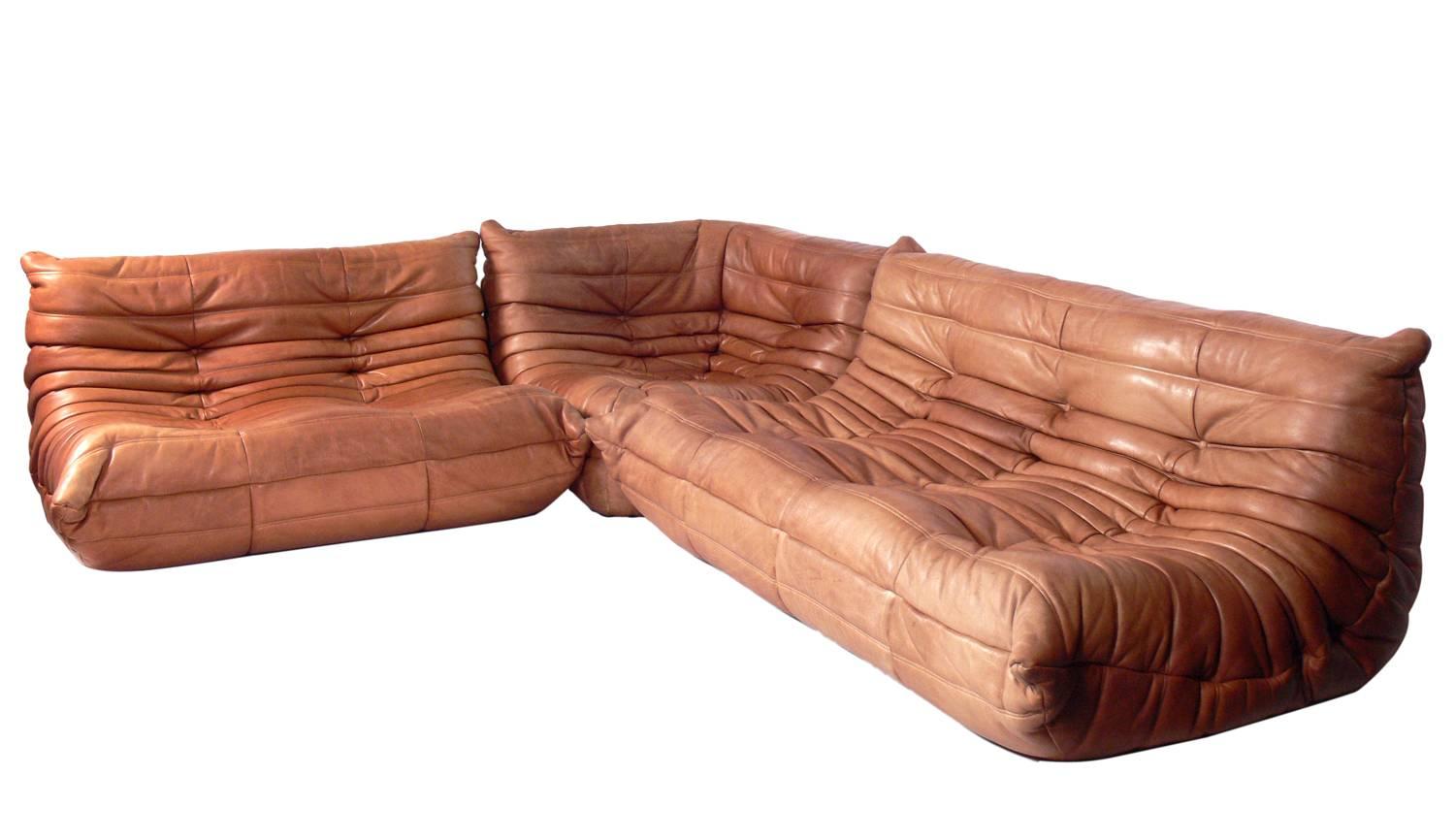 French Sculptural Leather Togo Sofa by Michel Ducaroy for Ligne Roset