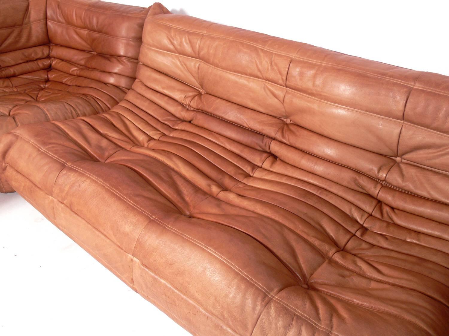 Sculptural Leather Togo Sofa by Michel Ducaroy for Ligne Roset In Distressed Condition In Atlanta, GA