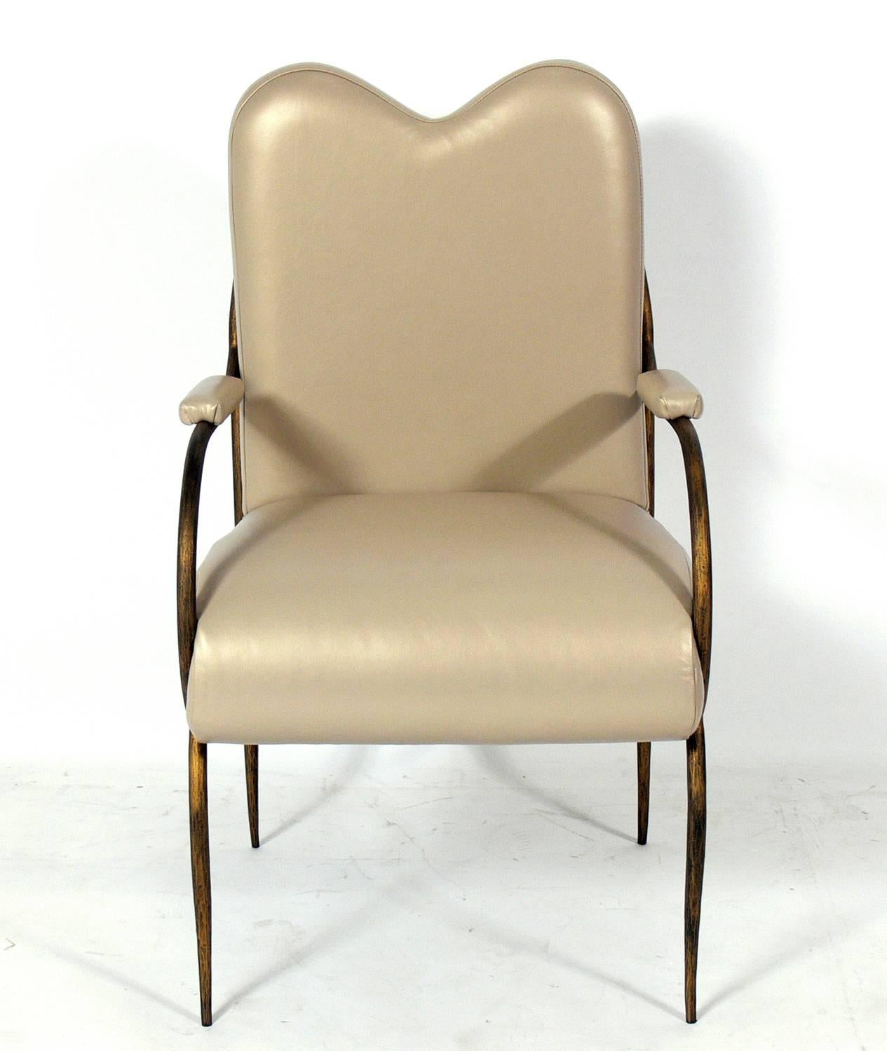 Hollywood Regency Gilt Iron and Leather Chair after René Drouet
