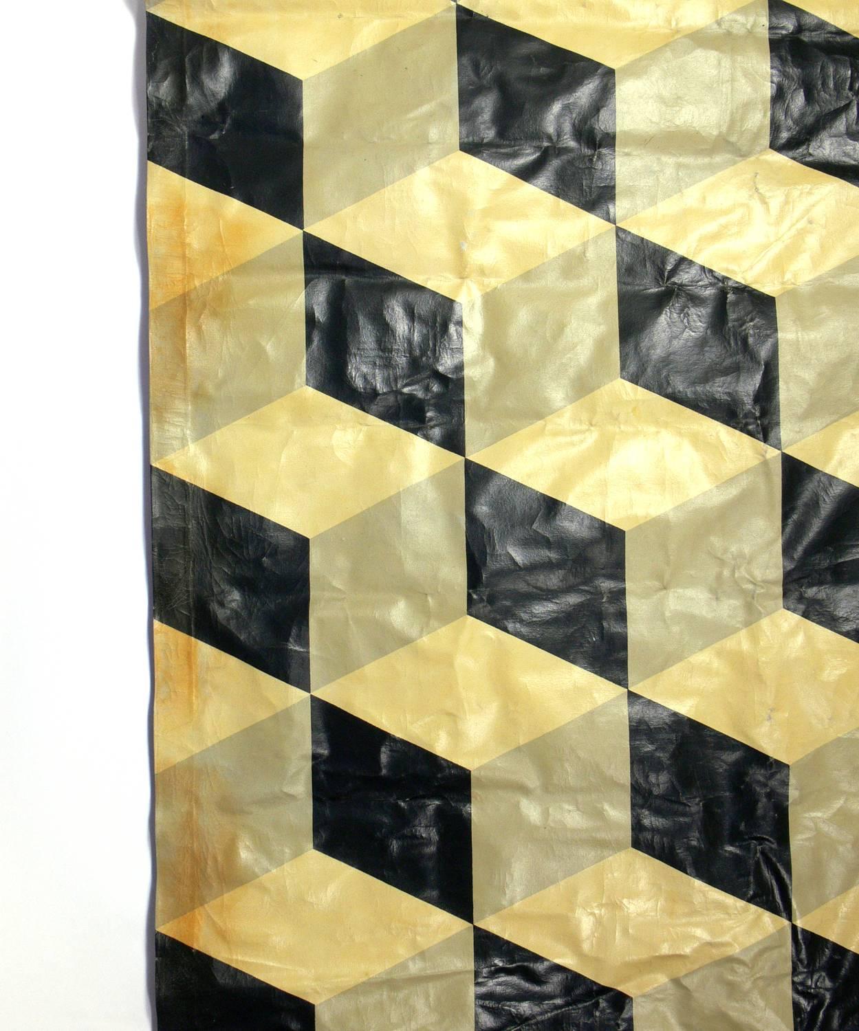 Large-scale geometric painted floor canvas, American, circa 1960s. This piece works great as it's original purpose, a painted floor canvas or carpet, or looks great mounted on a wall. It has a large-scale impact measuring approx 9.5 feet x 8 feet.
