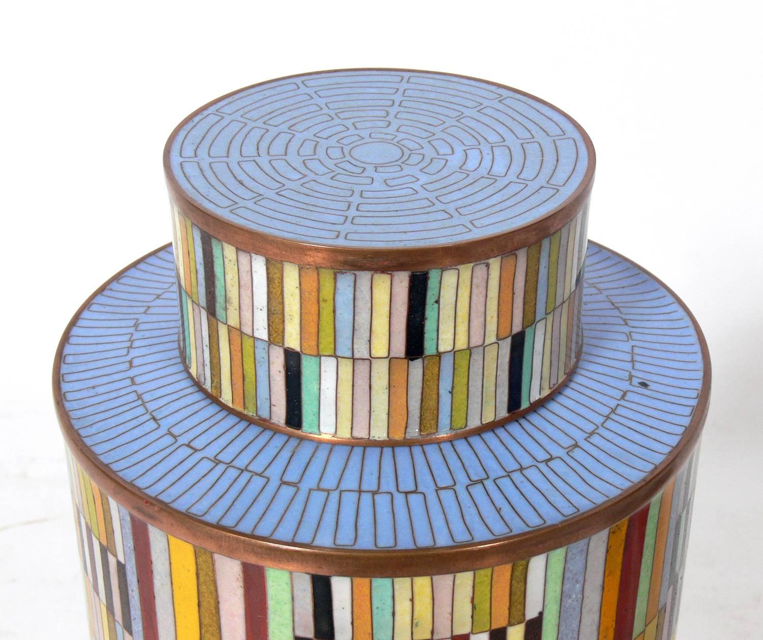 Art Deco Pair of Colorful Cloisonne Canisters by Fabienne Jouvin