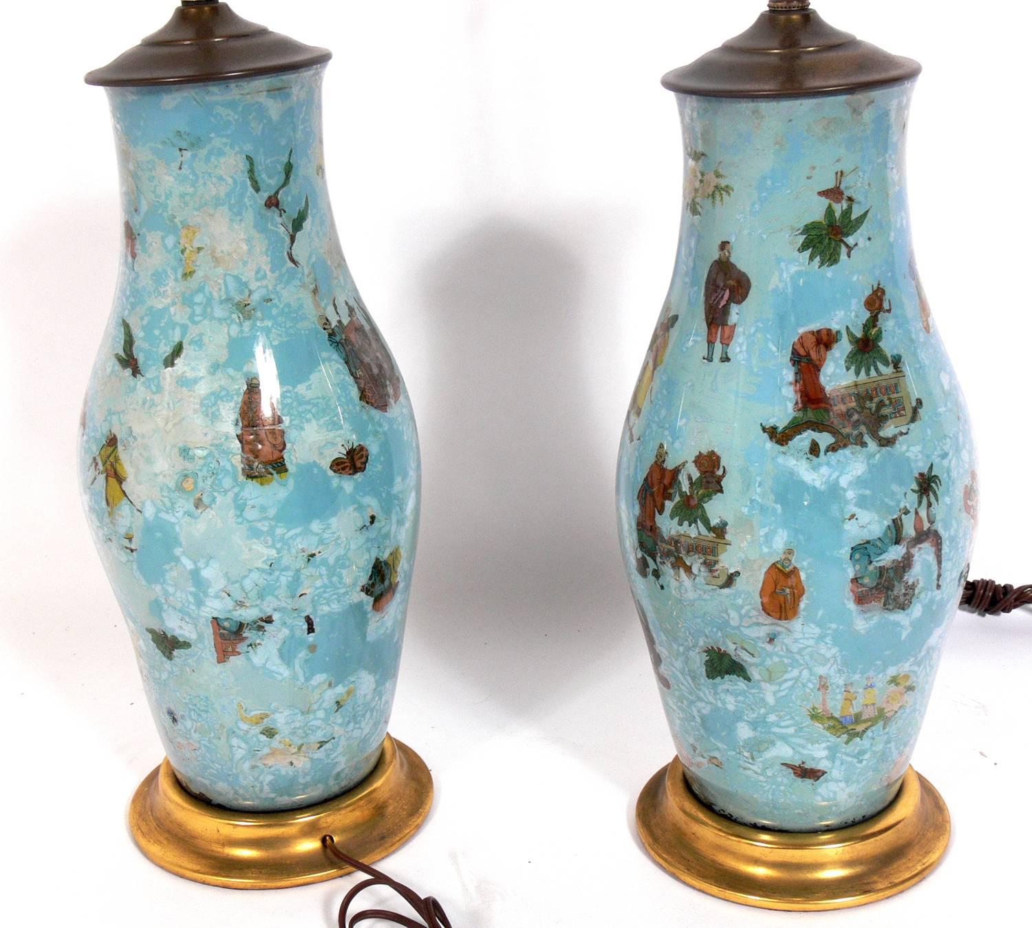 Hollywood Regency Pair of Robin's Egg Blue Asian Influenced Lamps  For Sale