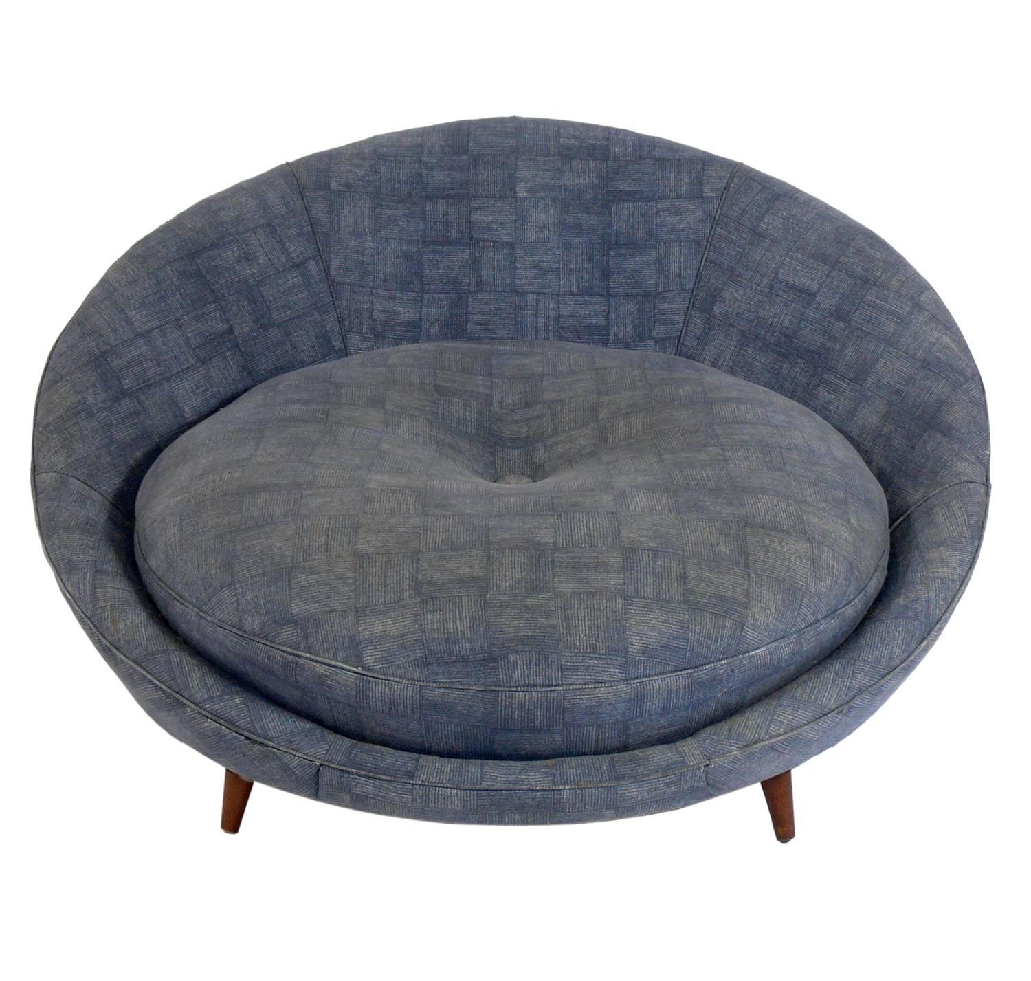 Large-scale “Satellite” lounge chair, designed by Milo Baughman, American, circa 1960s. This chair is large and comfy enough for at least two people! It is currently being reupholstered and can be completed in your fabric. The price noted below