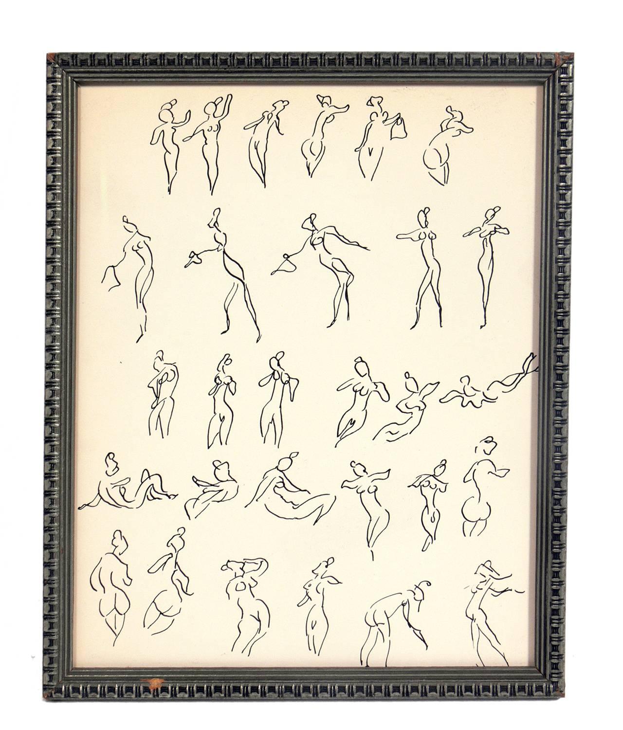 Selection of figural nude drawings, circa 1930s-1950s. Perfect to start or add to your gallery wall. All are priced at $475 each.
They are:
Top row, from left to right:
1) Figural line drawings, by Miriam Kubach, circa 1950s. It measures 11
