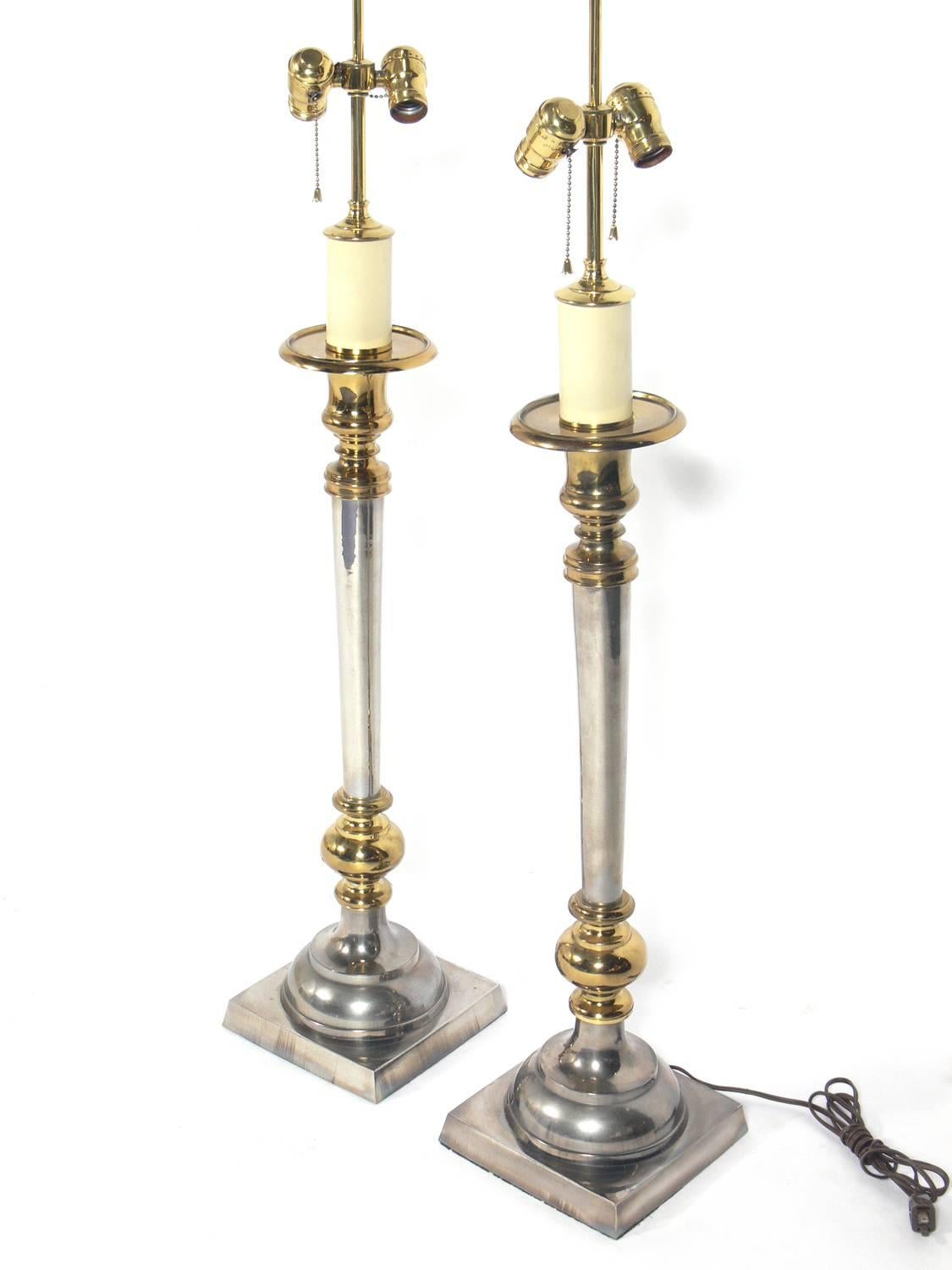 Pair of Large Scale Nickel and Brass Lamps, circa 1960s. Rewired and ready to use. 