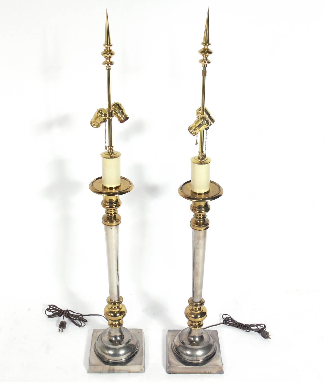 Hollywood Regency Pair of Large Scale Nickel and Brass Lamps 