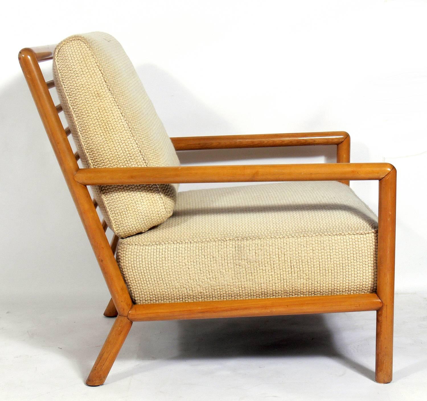 Large-scale modern lounge chair, designed by T.H. Robsjohn-Gibbings for Widdicomb, circa 1950s. This chair is currently being refinished and reupholstered and can be completed in your choice of color and your fabric. The price noted below includes