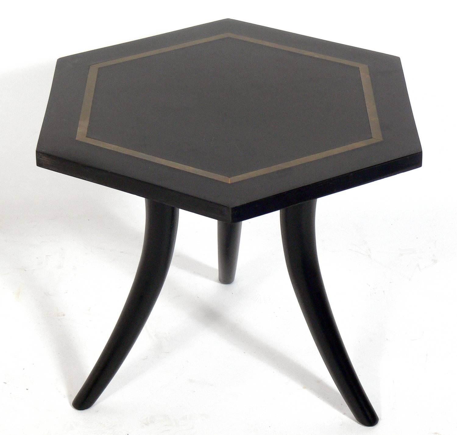 Mid-Century Modern Brass Inlaid Tripod Table 