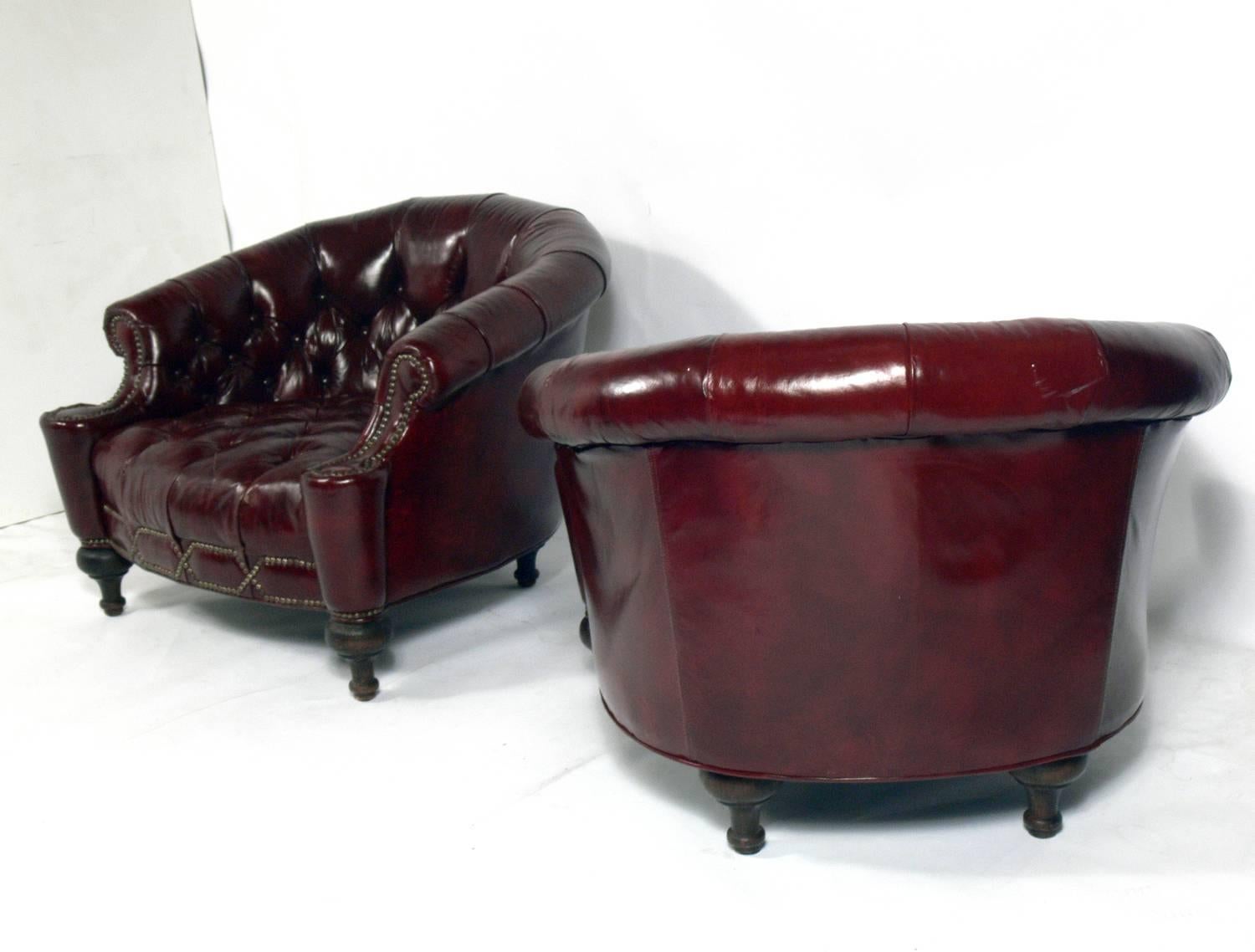 English Pair of Tufted Oxblood Red Leather Club Chairs 