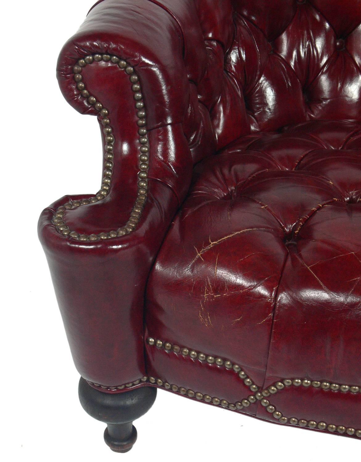 Pair of Tufted Oxblood Red Leather Club Chairs In Distressed Condition In Atlanta, GA
