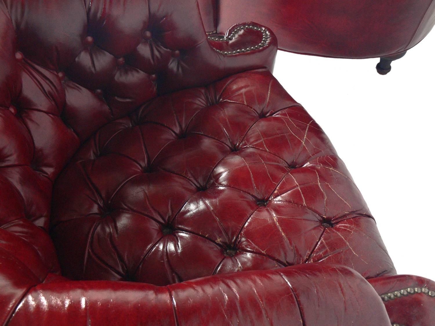 Mid-20th Century Pair of Tufted Oxblood Red Leather Club Chairs