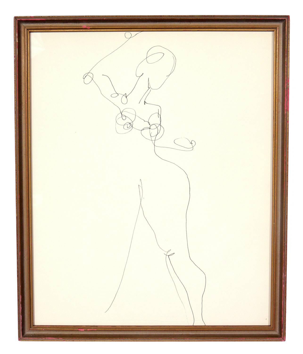 Selection of Figural Line Drawings or Gallery Wall by Miriam Kubach, American, circa 1950s. Please see our other 1stdibs listings for more Miriam Kubach works. 
The top left drawing measures 17