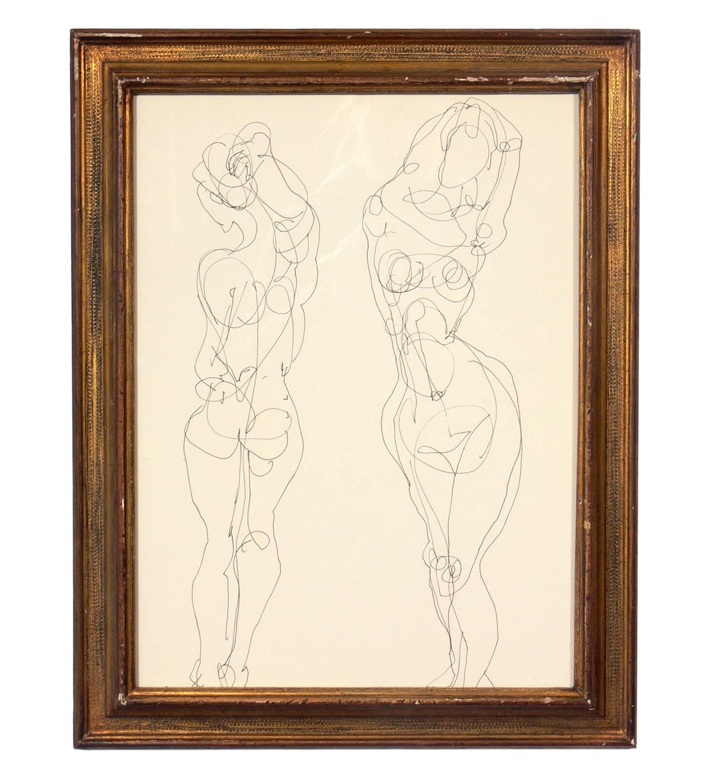 Selection of Figural Line Drawings or Gallery Wall by Miriam Kubach, American, circa 1950s. Please see our other 1stdibs listings for more Miriam Kubach works. These works, from left to right, measure:
1) 16.75