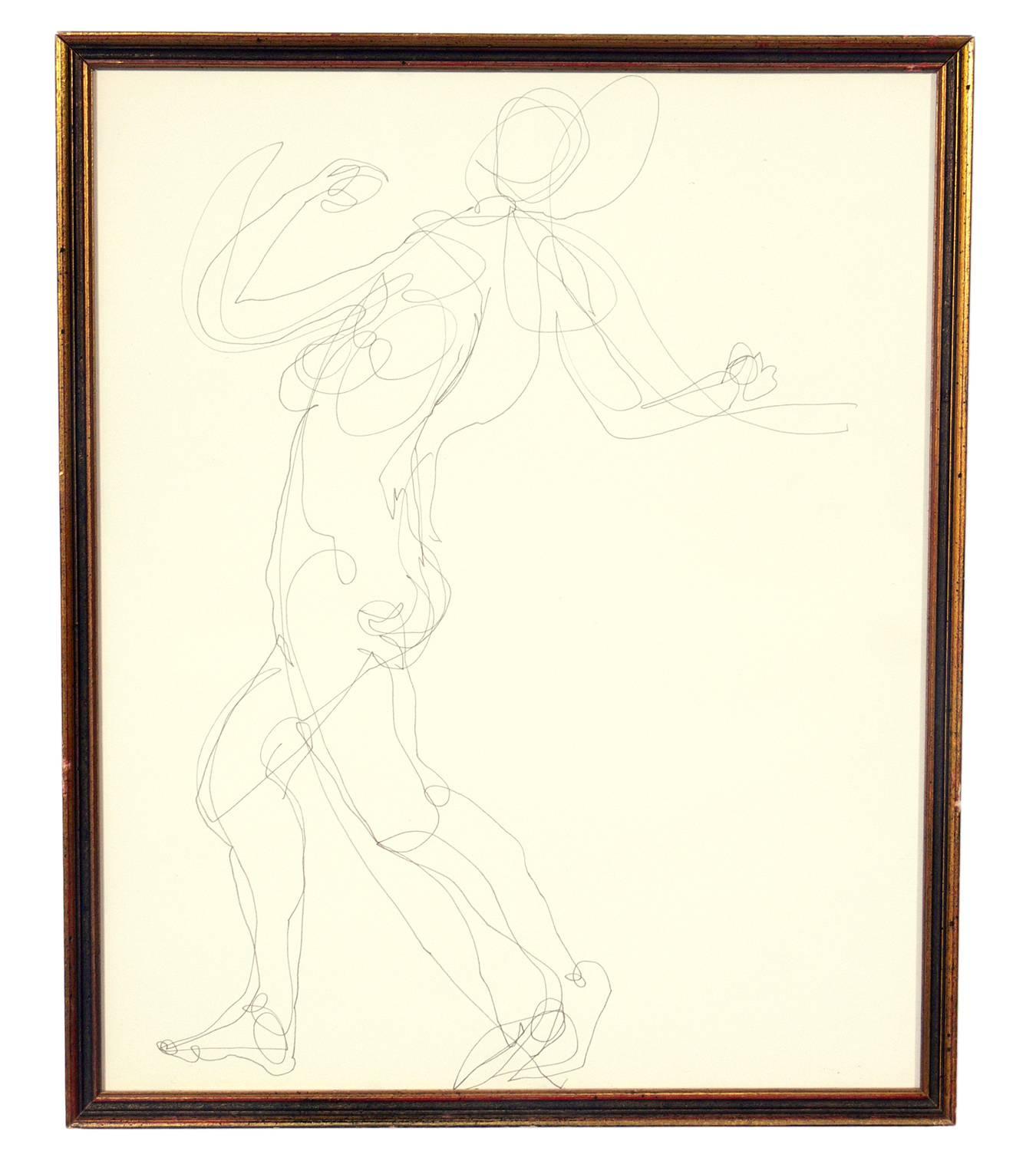 Selection of Figural Line Drawings or Gallery Wall by Miriam Kubach, American, circa 1950s. Please see our other 1stdibs listings for more Miriam Kubach works. These works, from left to right, measure 1) 16.75