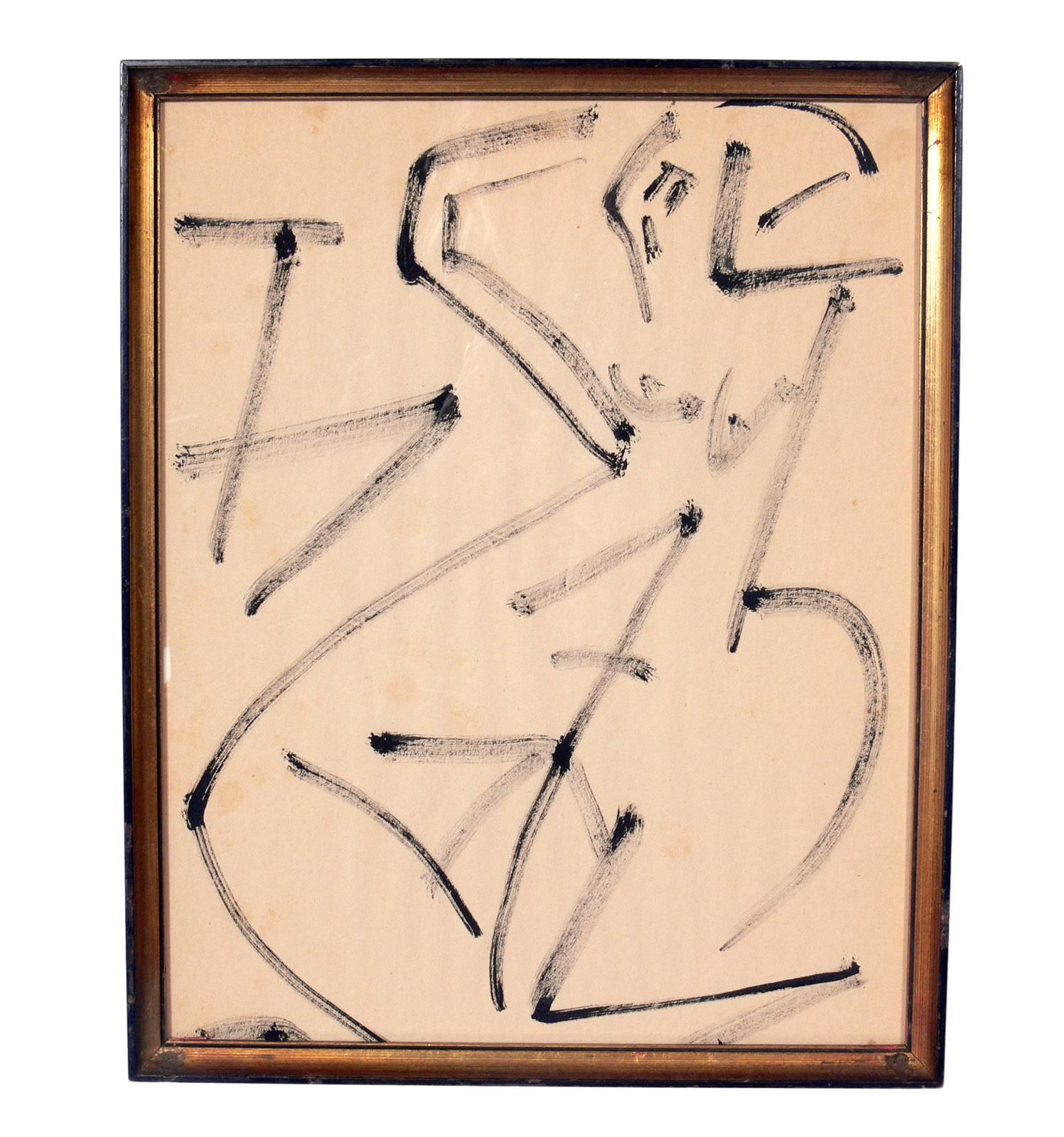 Selection of Modern Art or Gallery Wall, circa 1950s-1960s. 
From left to right, they are:
1) Abstract lithograph by Miro, from Derriere Le Miroir, circa 1950s. Seen at upper left in our first photo. It measures 14"H x 7"W.
2) Figural