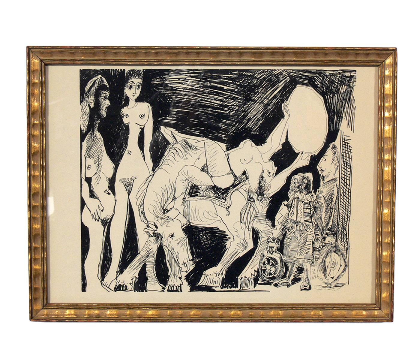 Selection of Pablo Picasso Erotic Prints, circa 1960s. They are framed in vintage gilt frames. 
1) Seen at upper left in our first photo. It measures 7.75