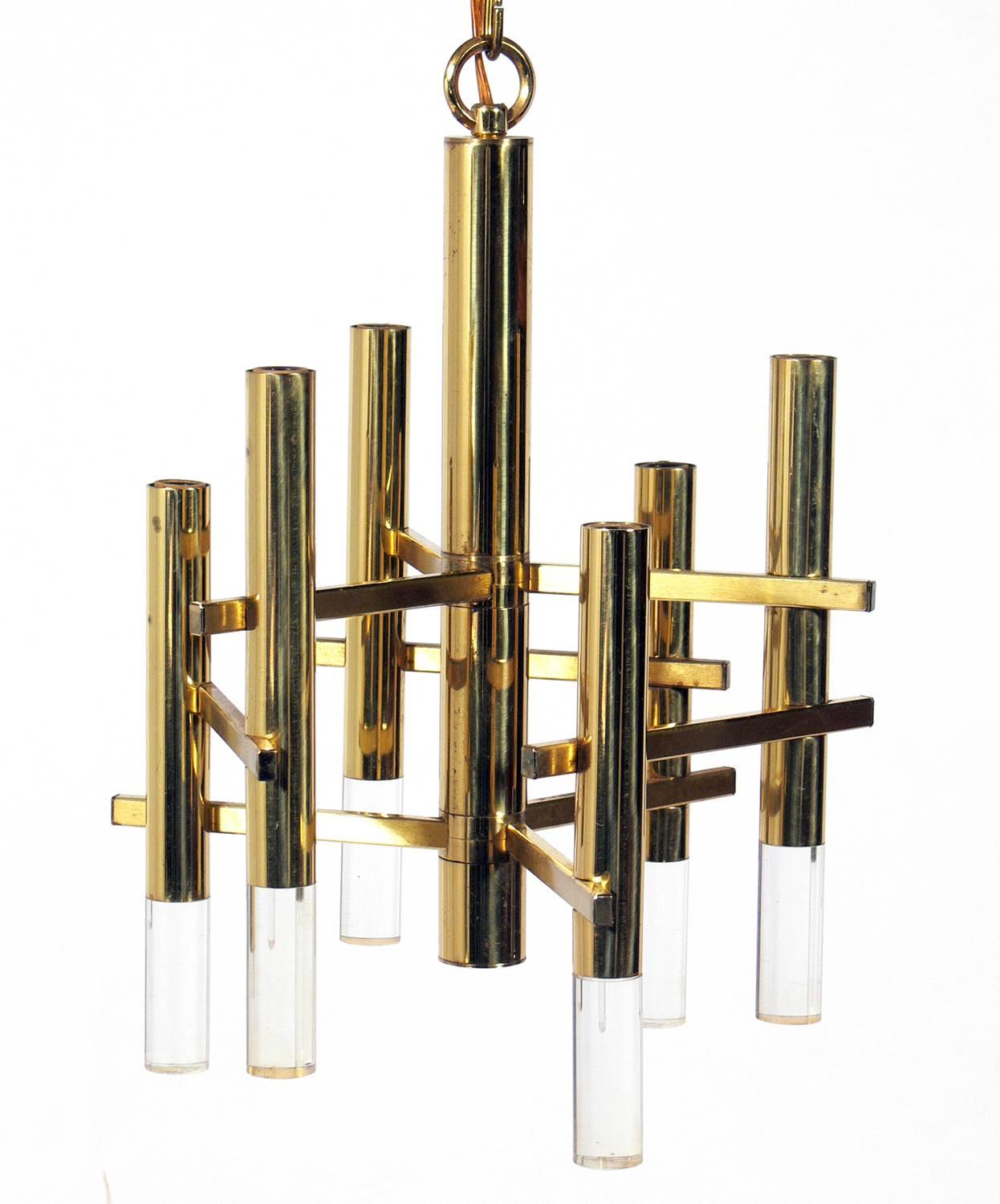 Petite Italian brass and Lucite chandelier by Sciolari, Italian, circa 1960s. Perfect size for a foyer, bathroom, hall, or small bedroom. Retains it's warm original patina. Will be rewired and the drop chain can be shortened or lengthened to suit
