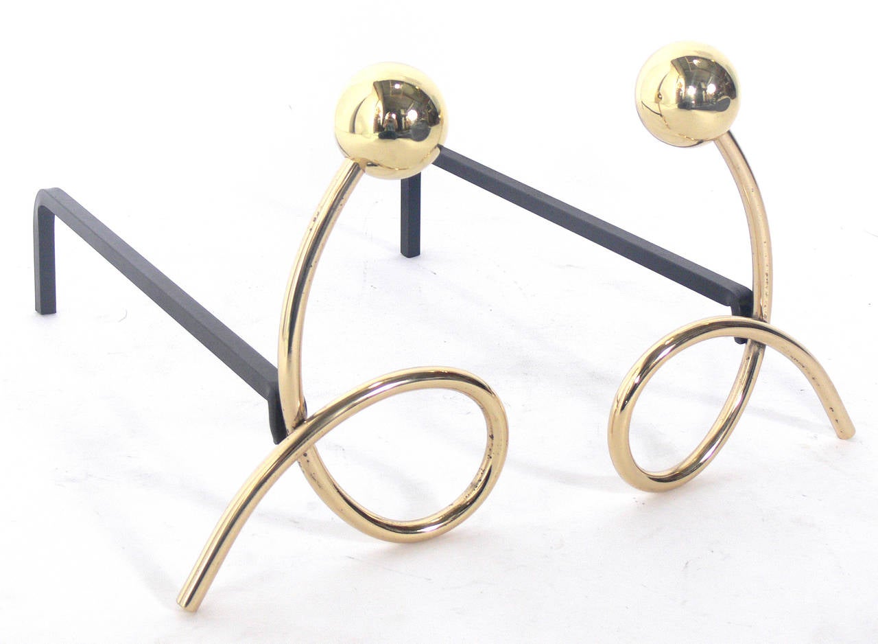 Mid-Century Modern Whimsical Brass Loop Andirons