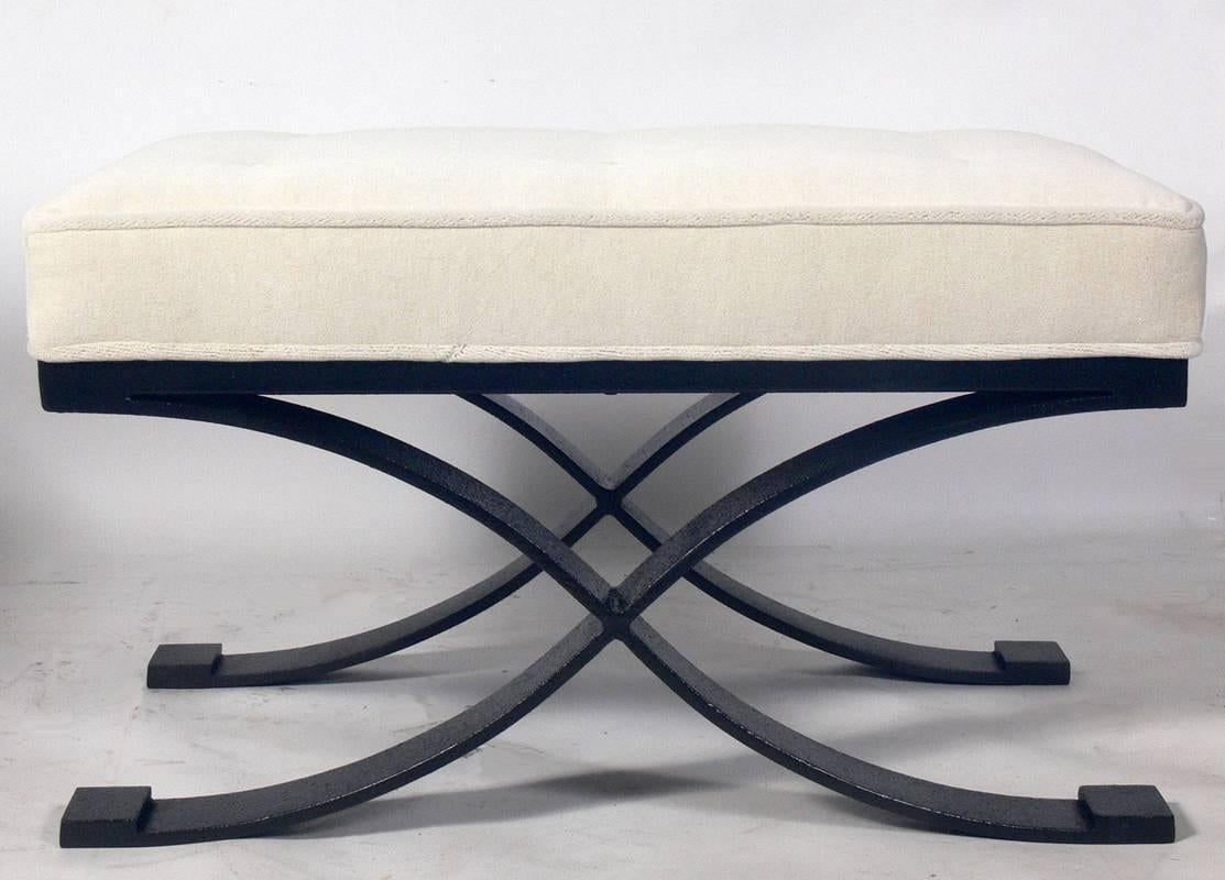 Mid-Century Modern Pair of Elegant X Base Benches in Bronze Finished Metal and Ivory Velvet