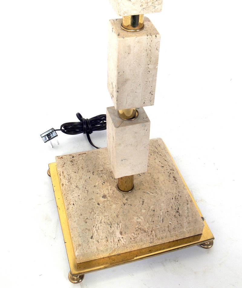 Mid-Century Modern Travertine and Brass Floor Lamp