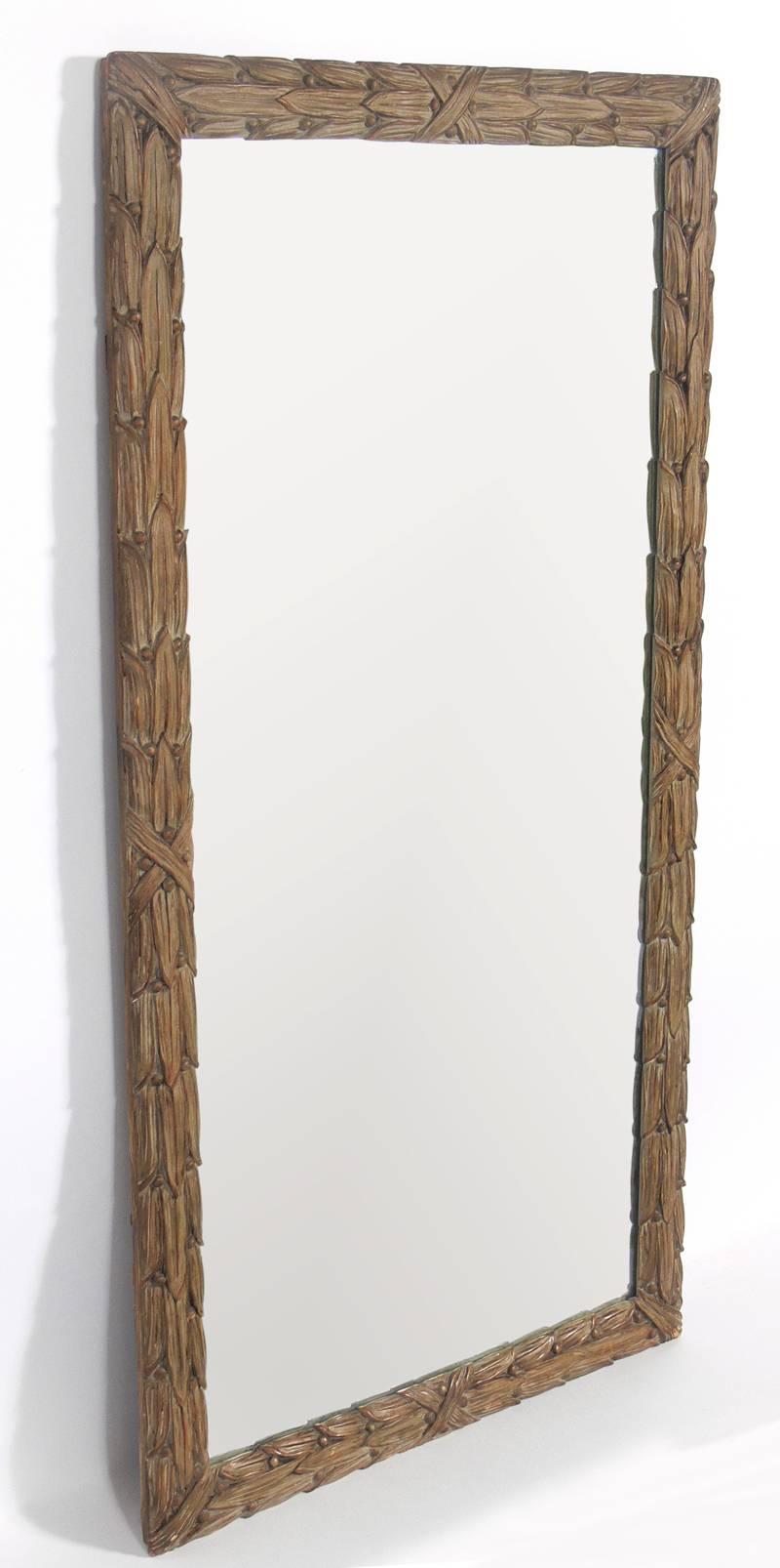 Neoclassical Carved Leaves Mirror, circa 1940s. Wonderful carved wood and gesso mirror. Retains warm original patina to both original mirror and frame.