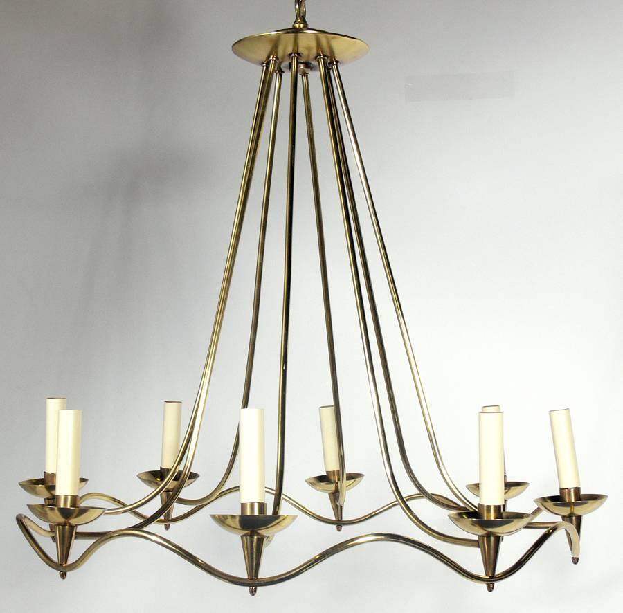 Undulating Brass Chandelier in the manner of Jean Royere, probably American, circa 1950s.