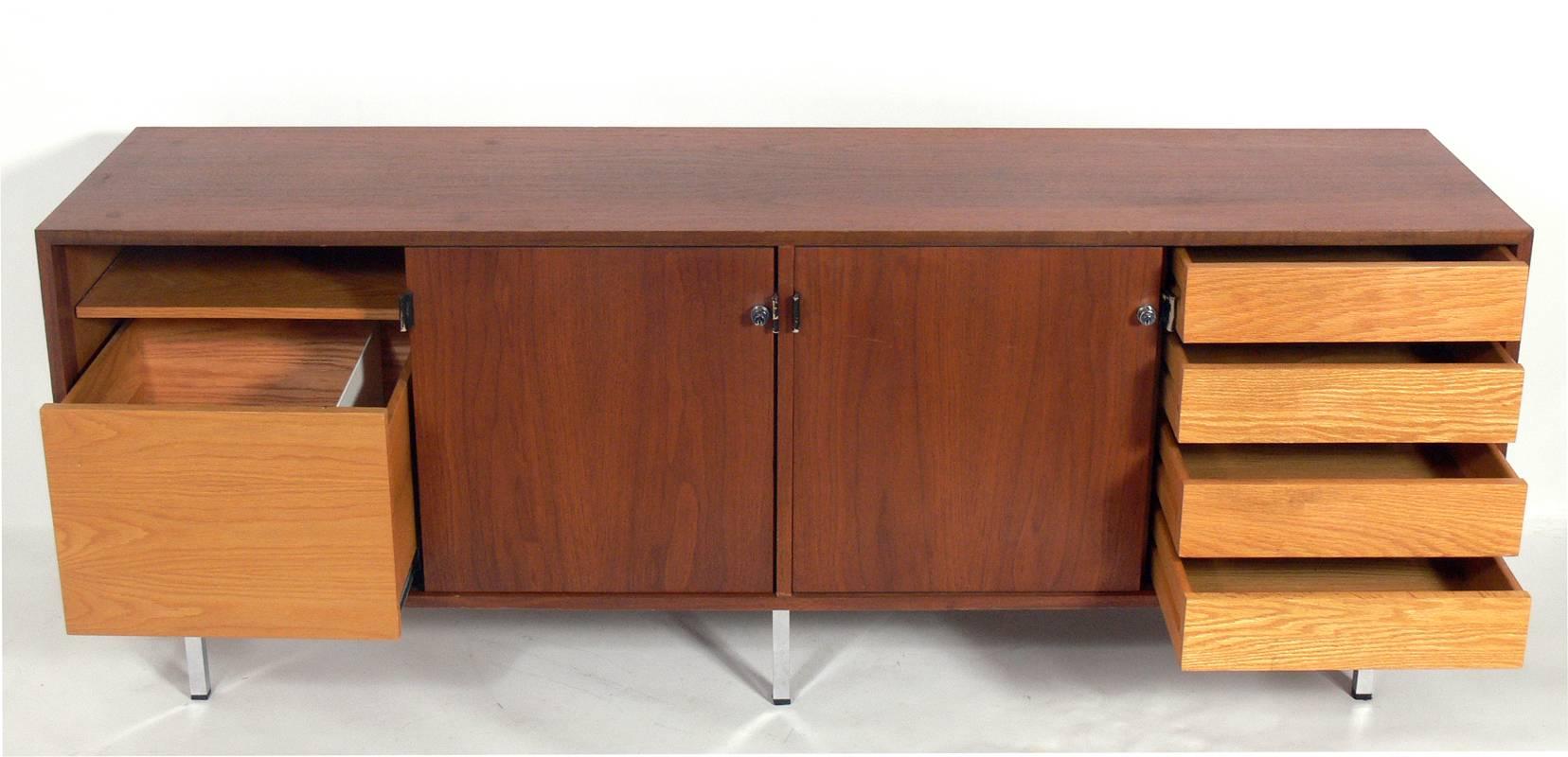 American Clean Lined Walnut Credenza designed by Florence Knoll