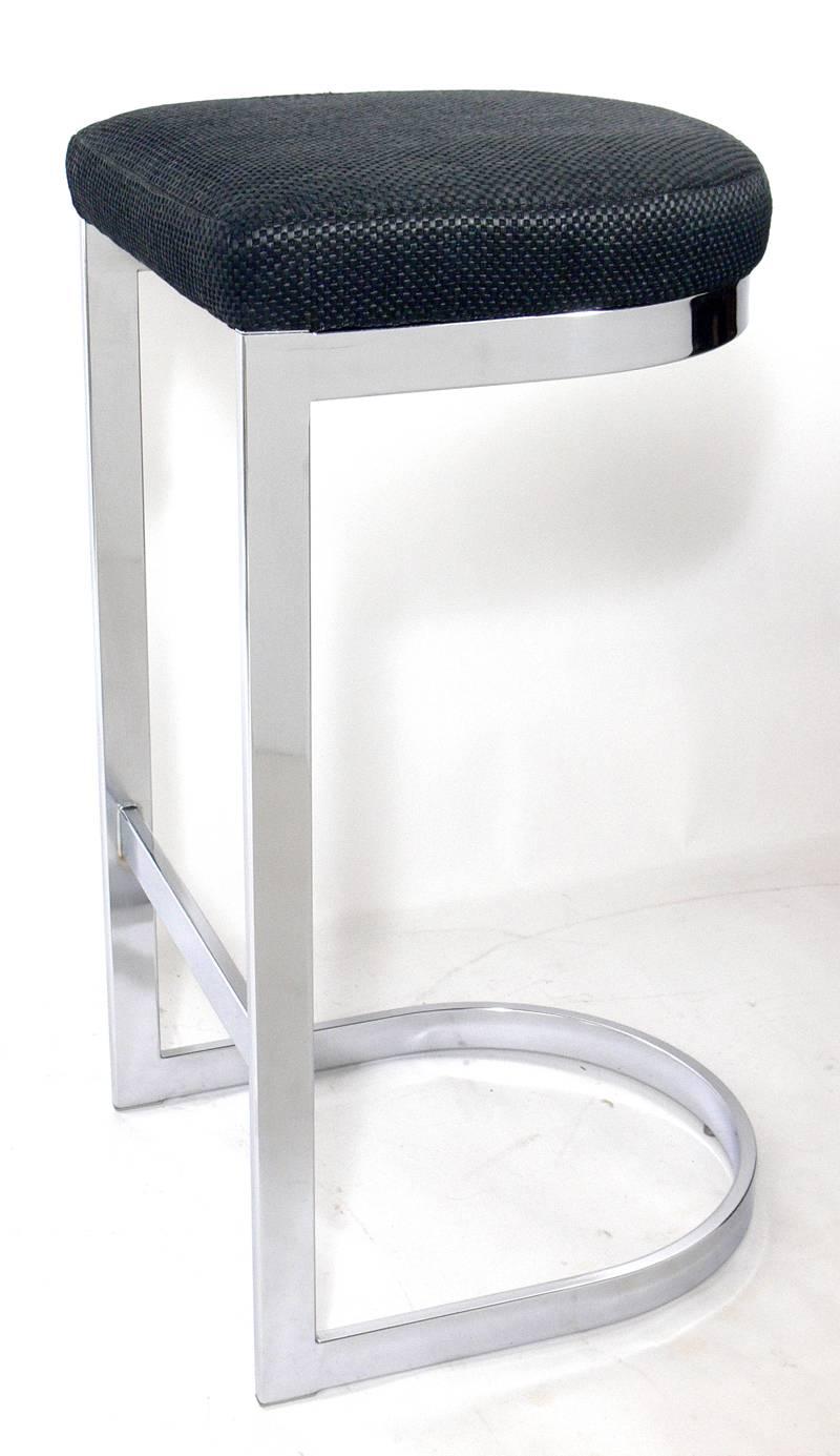 Mid-Century Modern Set of Four Chrome Bar Stools in the Manner of Milo Baughman