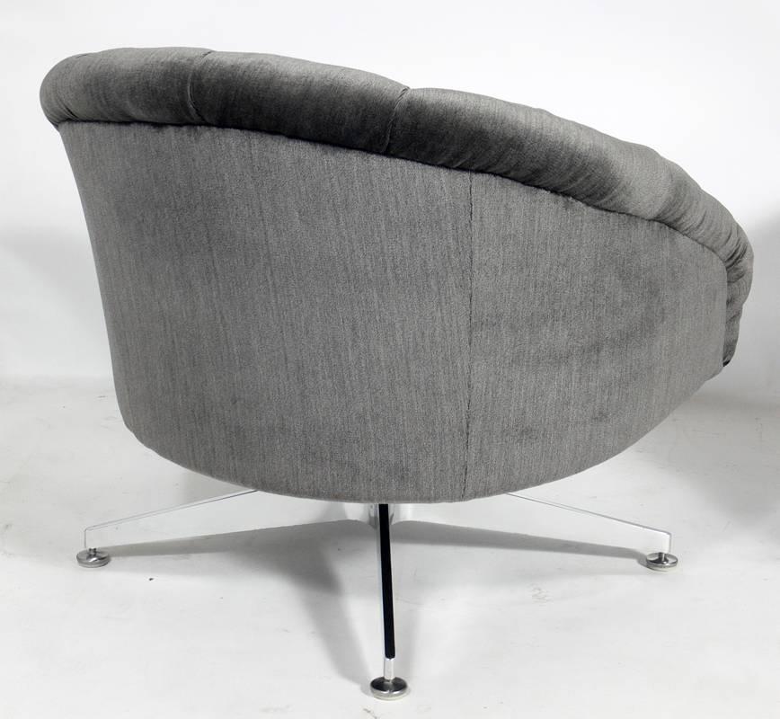 Polished Pair of Charcoal Gray Velvet Swivel Chairs Designed by Ward Bennett 