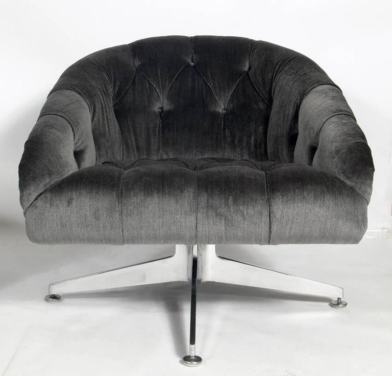 Pair of Charcoal Gray Velvet Swivel Chairs Designed by Ward at