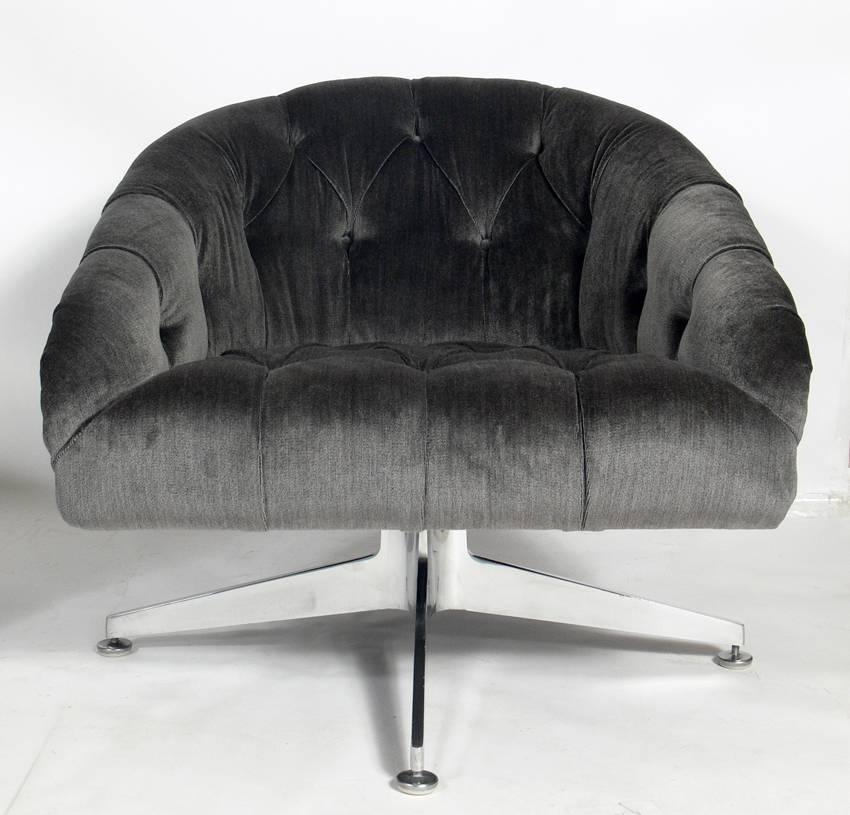 American Pair of Charcoal Gray Velvet Swivel Chairs Designed by Ward Bennett 